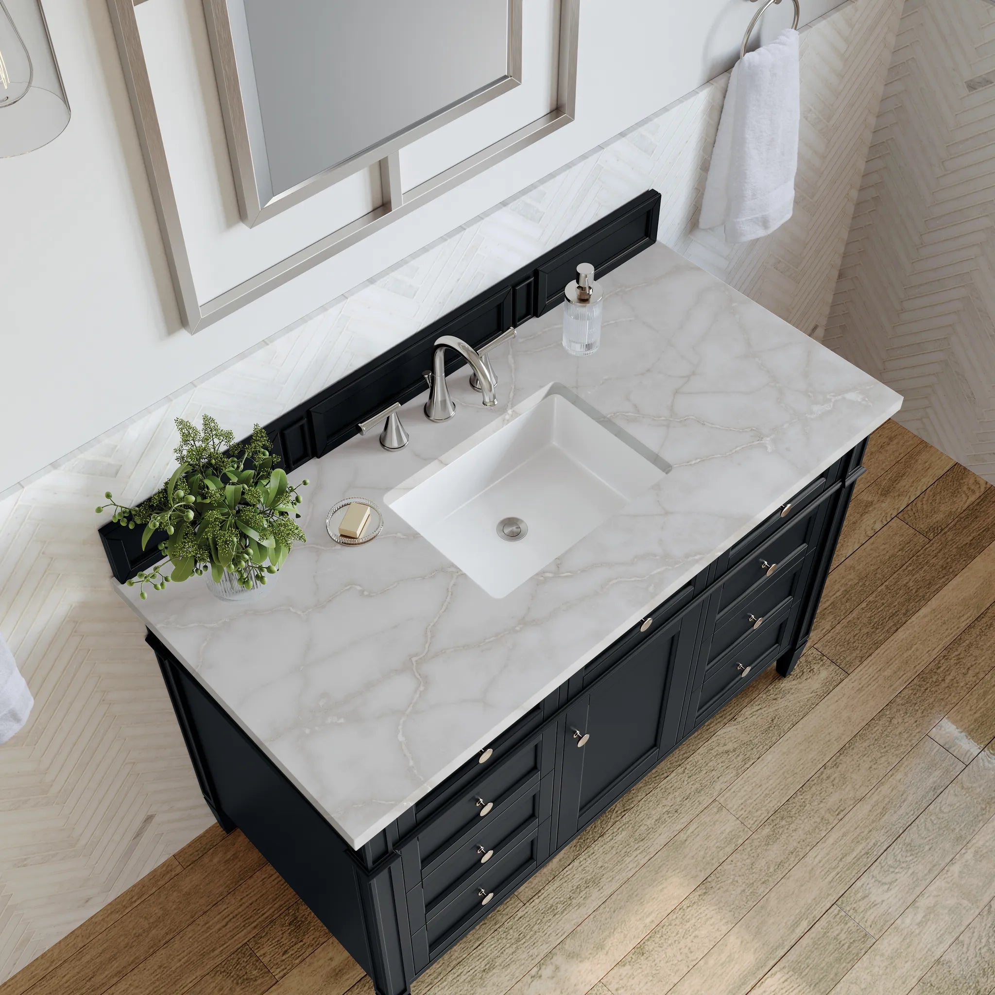 48" Brittany Single Vanity in Black Onyx w/FreePower Wireless Charger-Victorian Silver Silestone-8" Widespread image 7