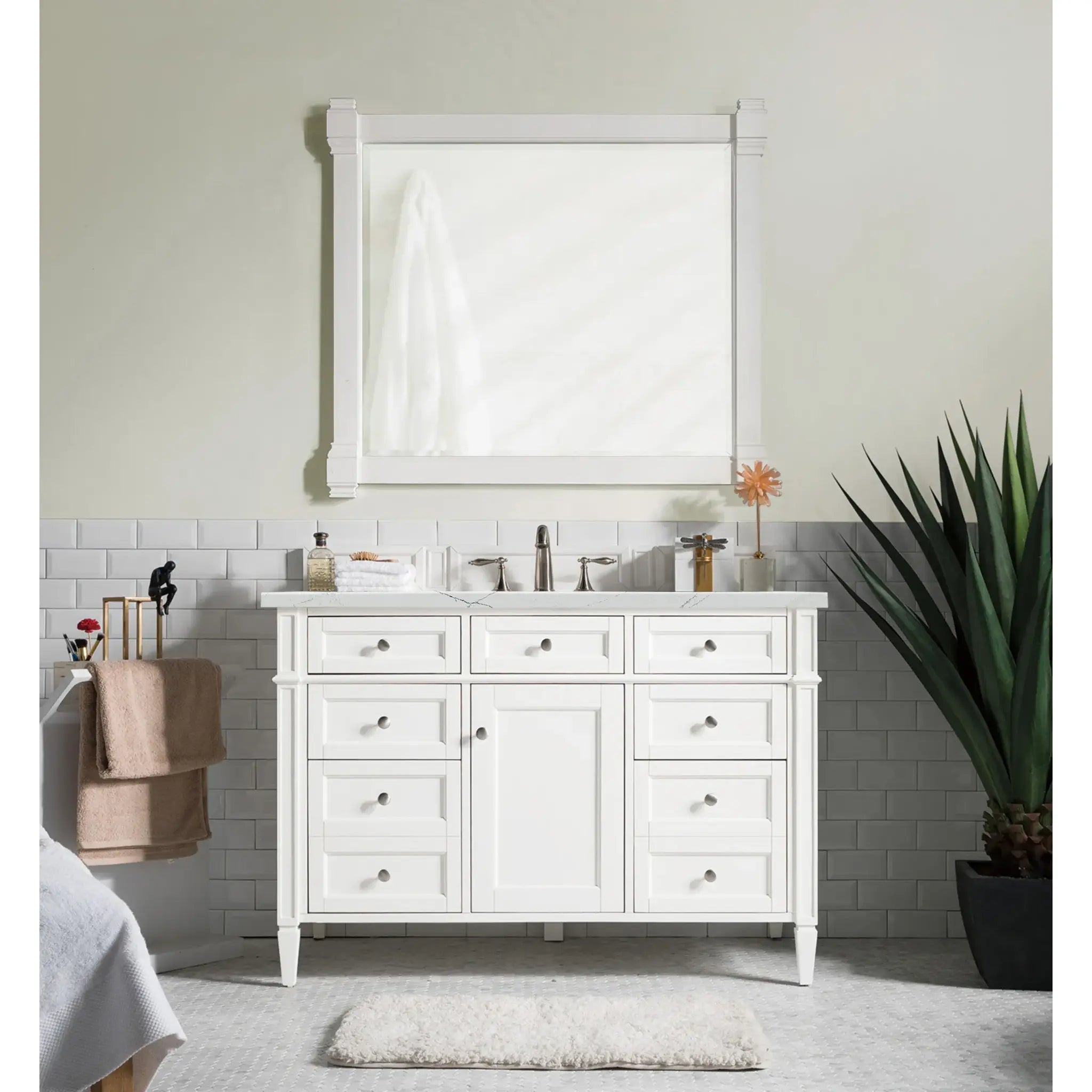 48" Brittany Single Vanity in Bright White w/FreePower Wireless Charger-Ethereal Noctis Silestone-8" Widespread image 4