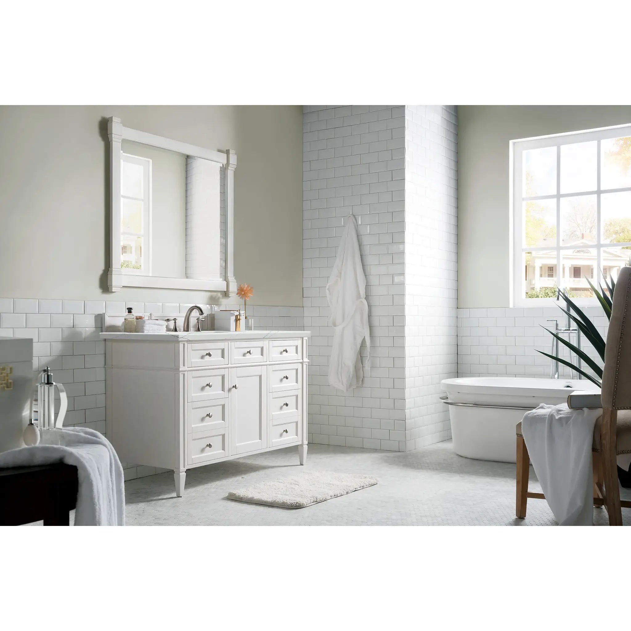 48" Brittany Single Vanity in Bright White w/FreePower Wireless Charger-Ethereal Noctis Silestone-8" Widespread image 6