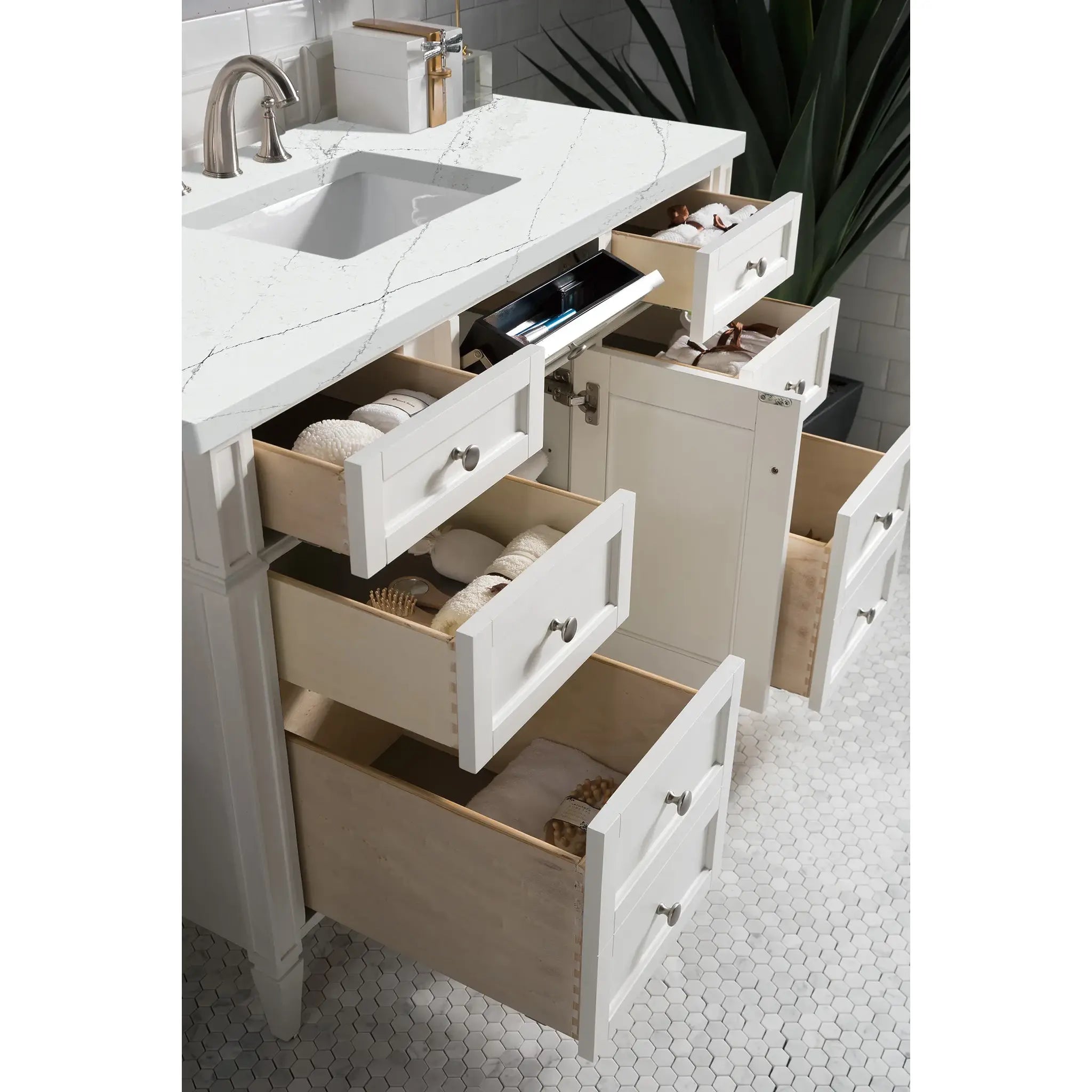 48" Brittany Single Vanity in Bright White w/FreePower Wireless Charger-Ethereal Noctis Silestone-8" Widespread image 7
