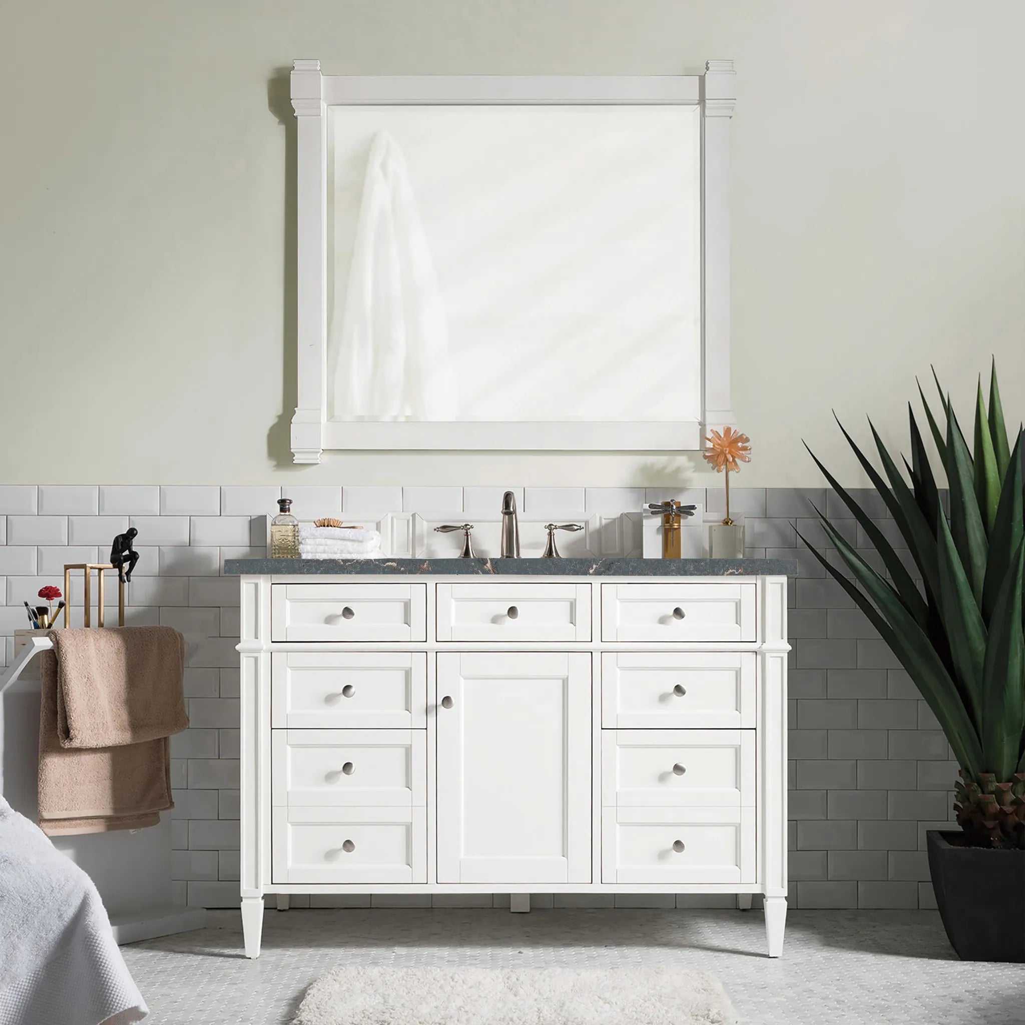 48" Brittany Single Vanity in Bright White w/FreePower Wireless Charger-Parisien Bleu Silestone-8" Widespread image 4