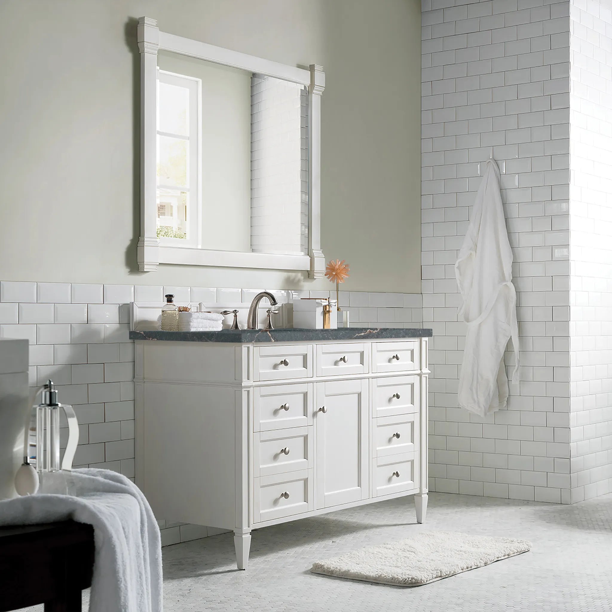 48" Brittany Single Vanity in Bright White w/FreePower Wireless Charger-Parisien Bleu Silestone-8" Widespread image 5