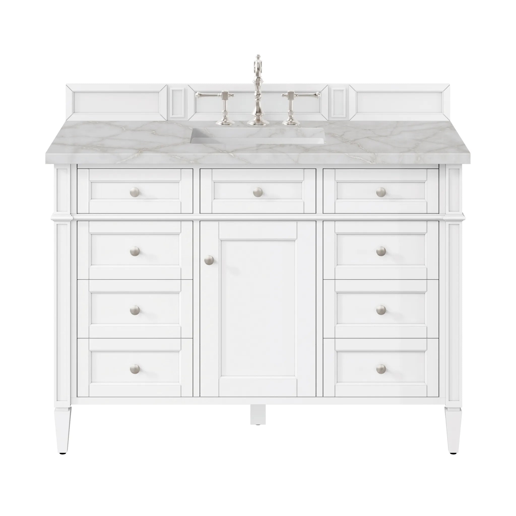 48" Brittany Single Vanity in Bright White w/FreePower Wireless Charger-Victorian Silver Silestone-8" Widespread image