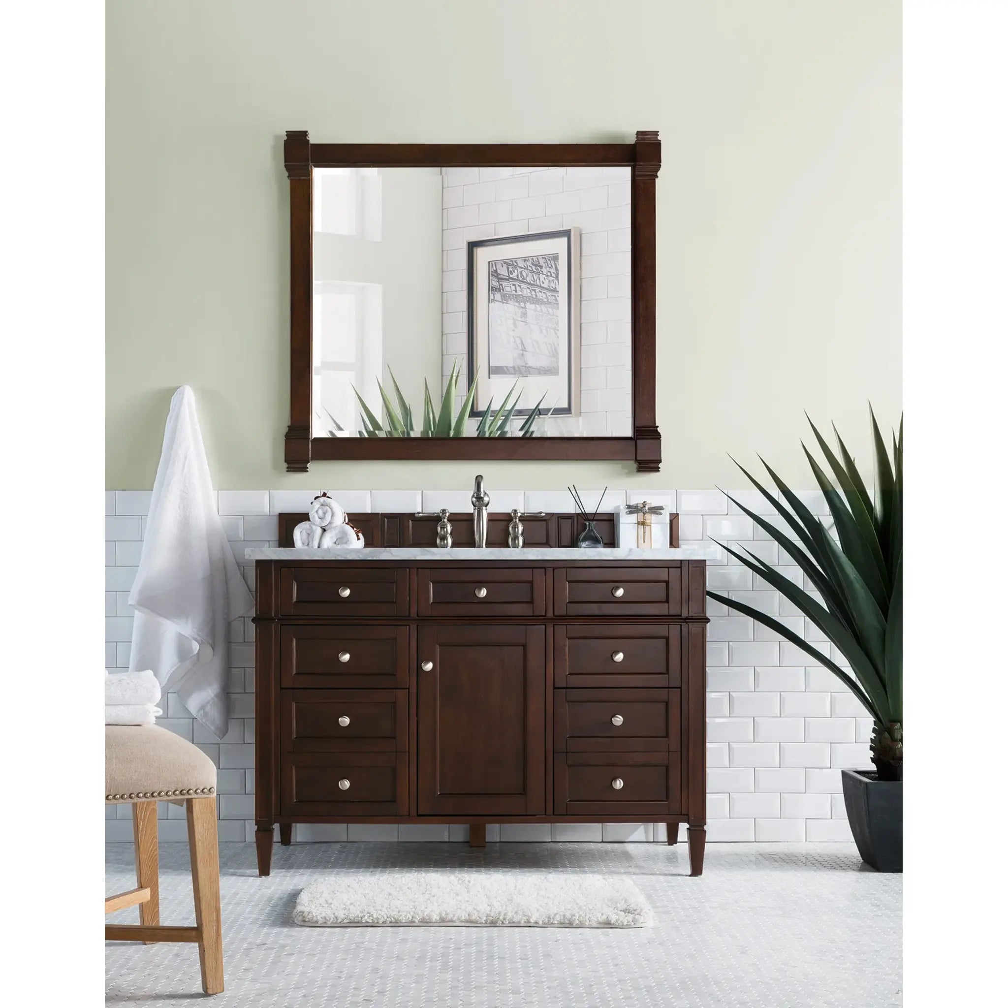 48" Brittany Single Vanity in Burnished Mahogany-Carrara White Marble-8" Widespread image 1