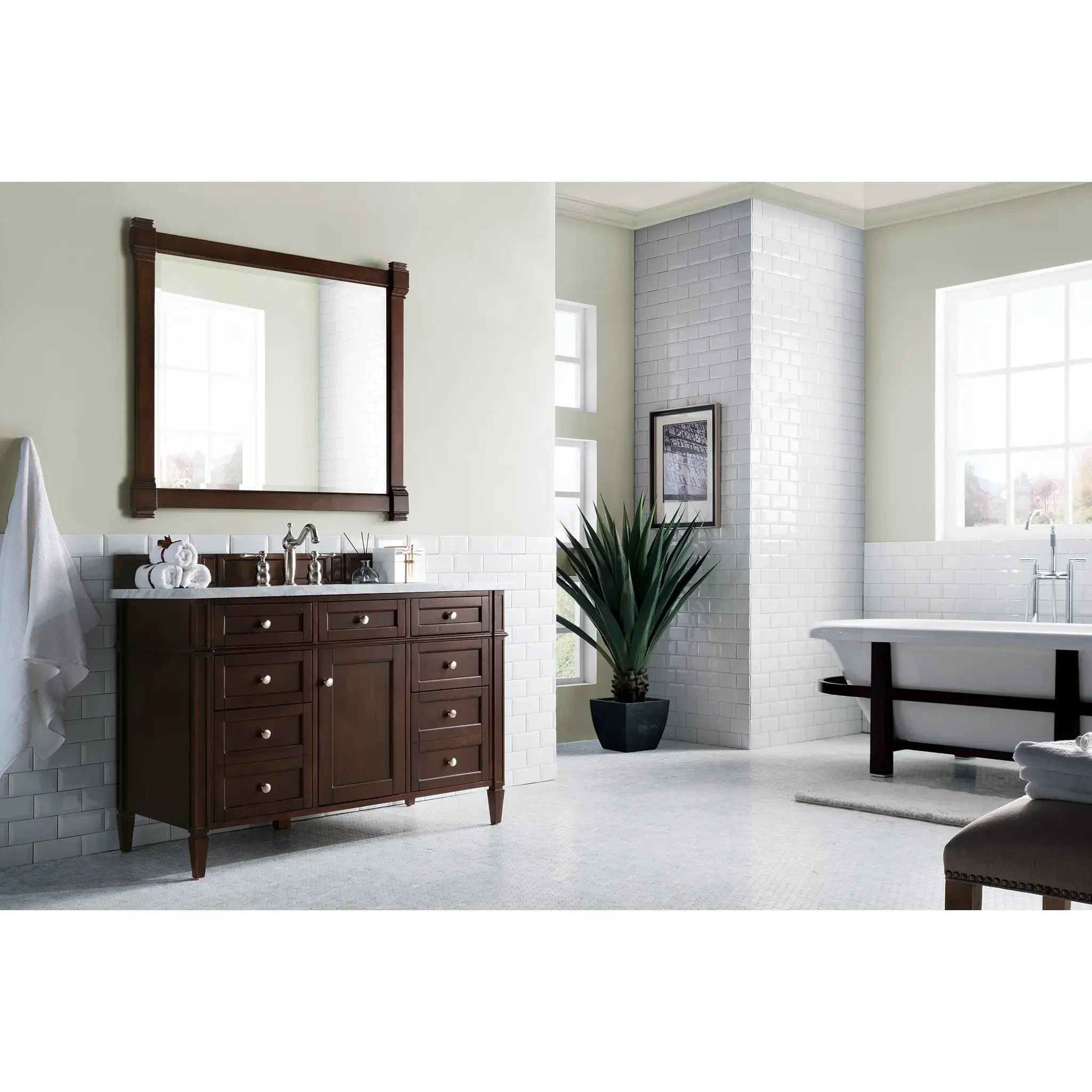 48" Brittany Single Vanity in Burnished Mahogany-Carrara White Marble-8" Widespread image 2