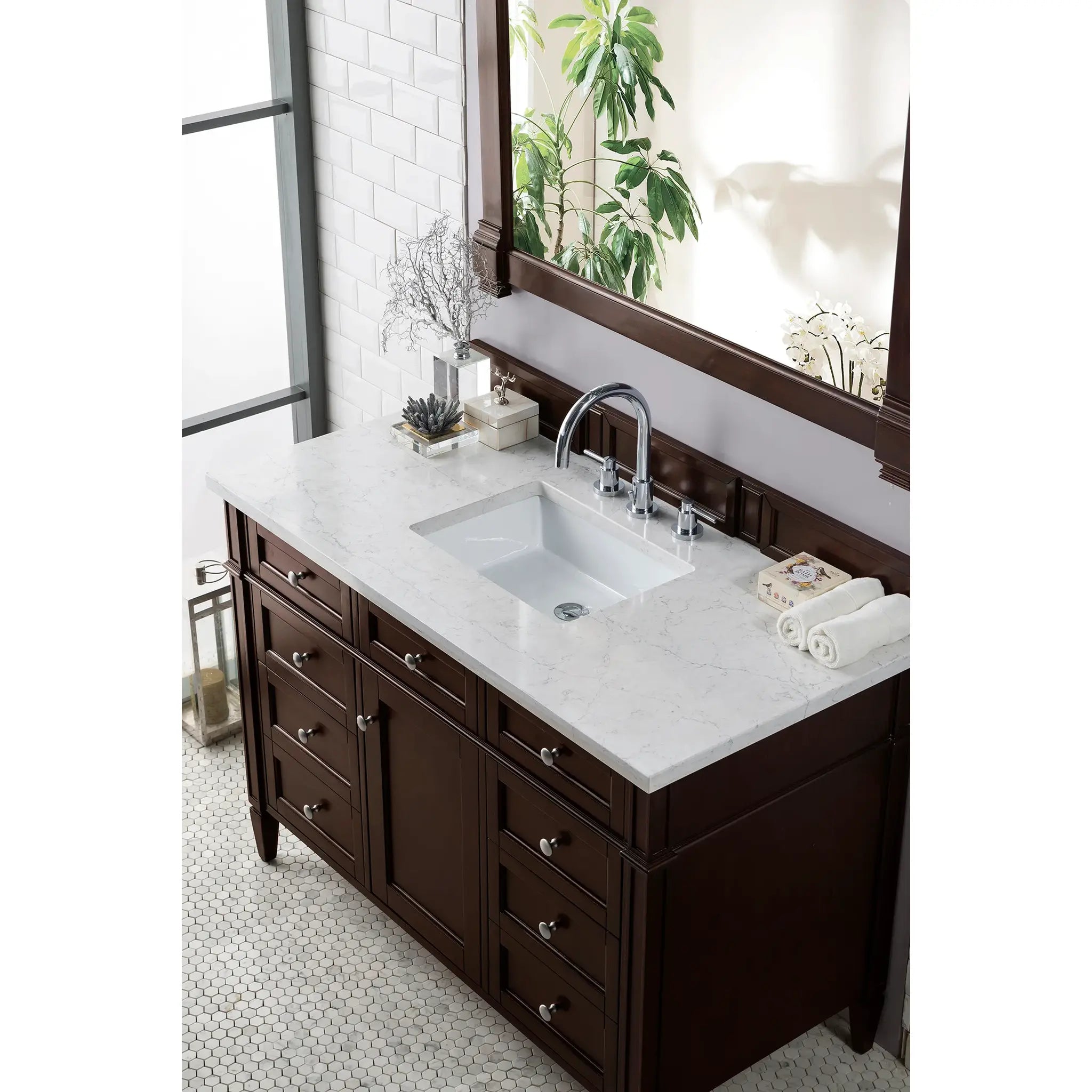 48" Brittany Single Vanity in Burnished Mahogany Wireless Charger-Eternal Jasmine Pearl Silestone-8" Widespread image 5