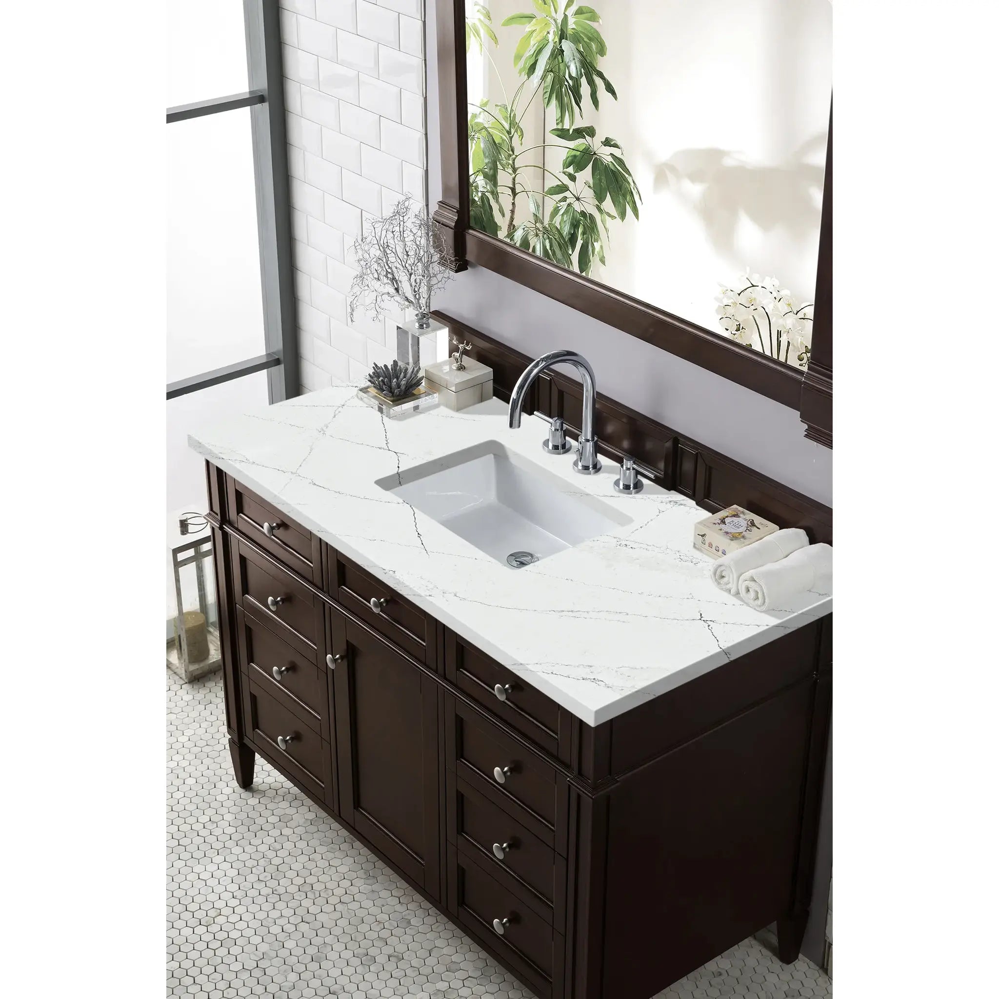 48" Brittany Single Vanity in Burnished Mahogany Wireless Charger-Ethereal Noctis Silestone-8" Widespread image 5