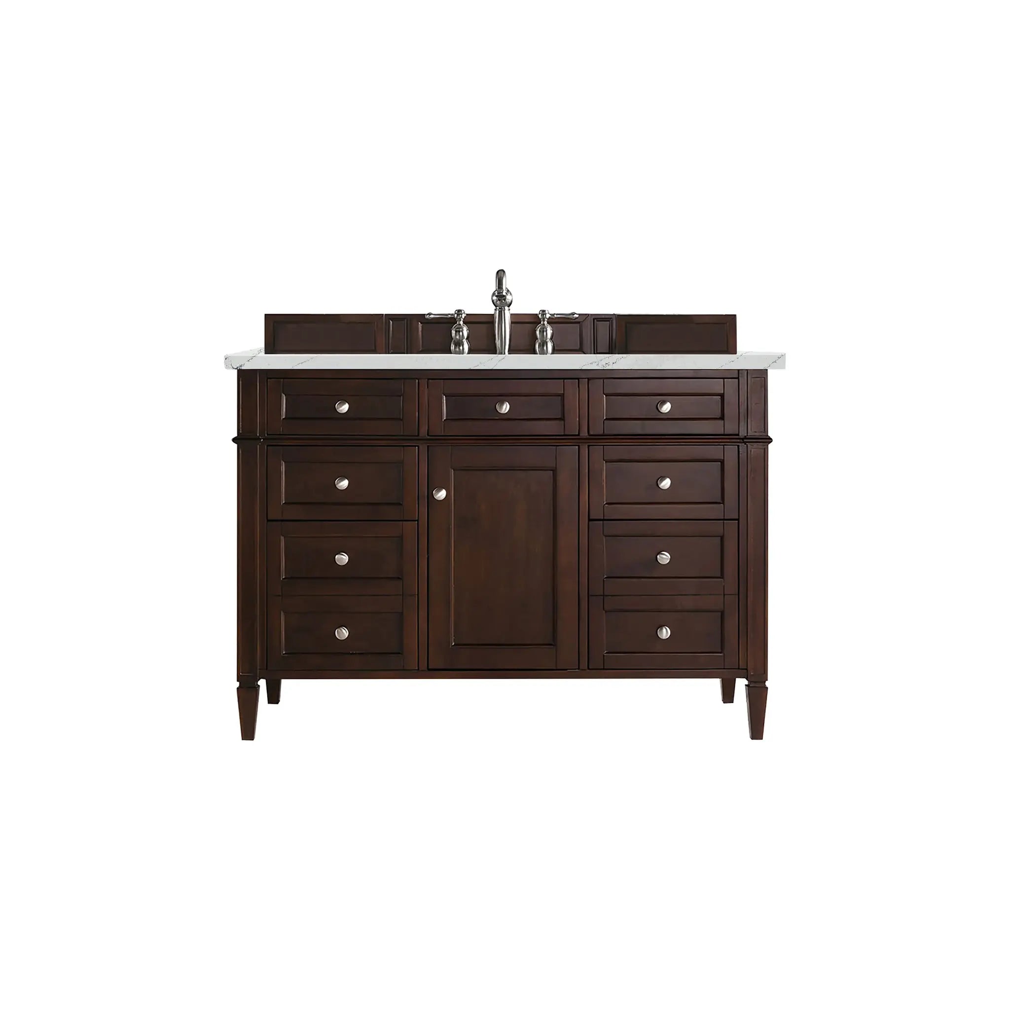 48" Brittany Single Vanity in Burnished Mahogany Wireless Charger-Ethereal Noctis Silestone-8" Widespread image