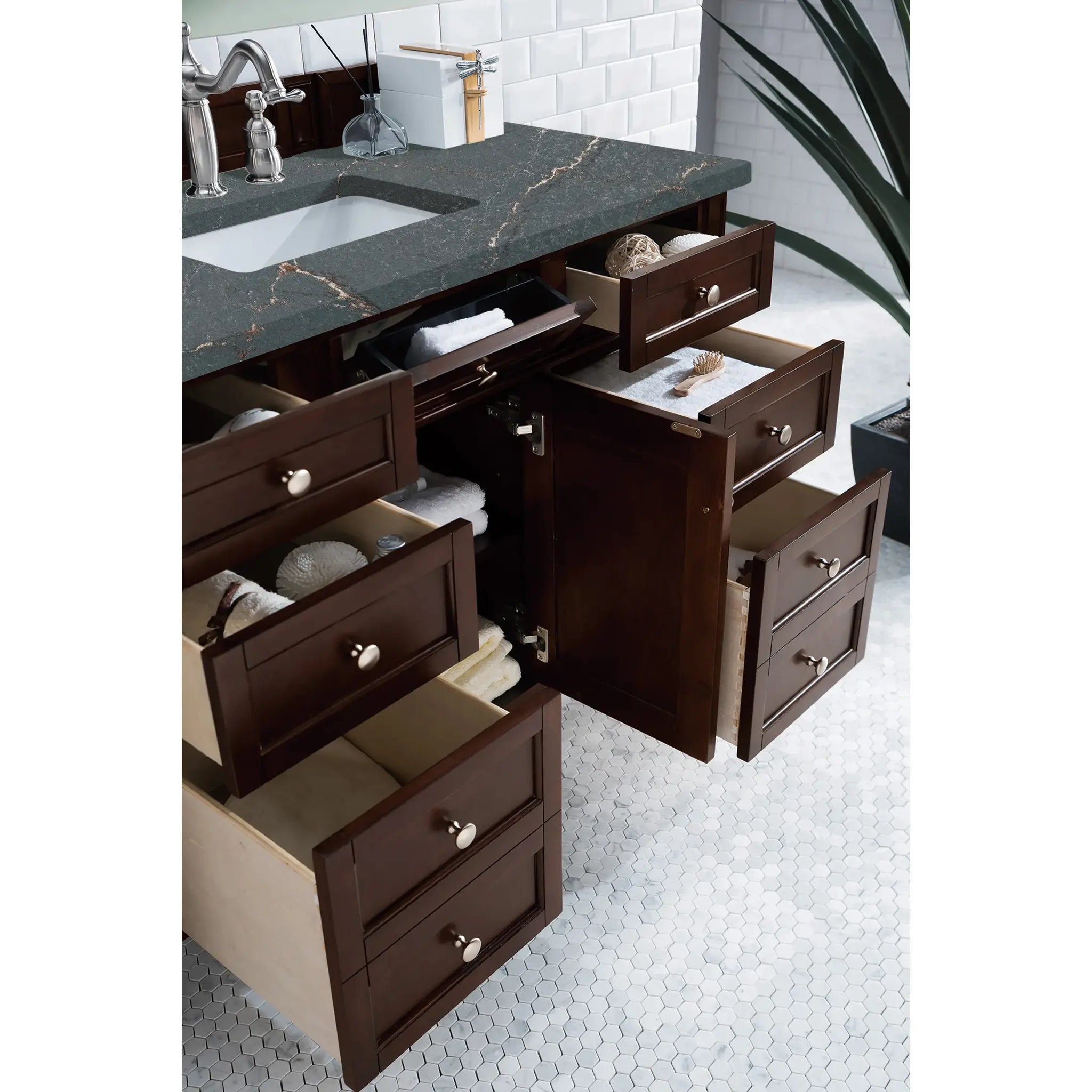 48" Brittany Single Vanity in Burnished Mahogany Wireless Charger-Parisien Bleu Silestone-8" Widespread image 5