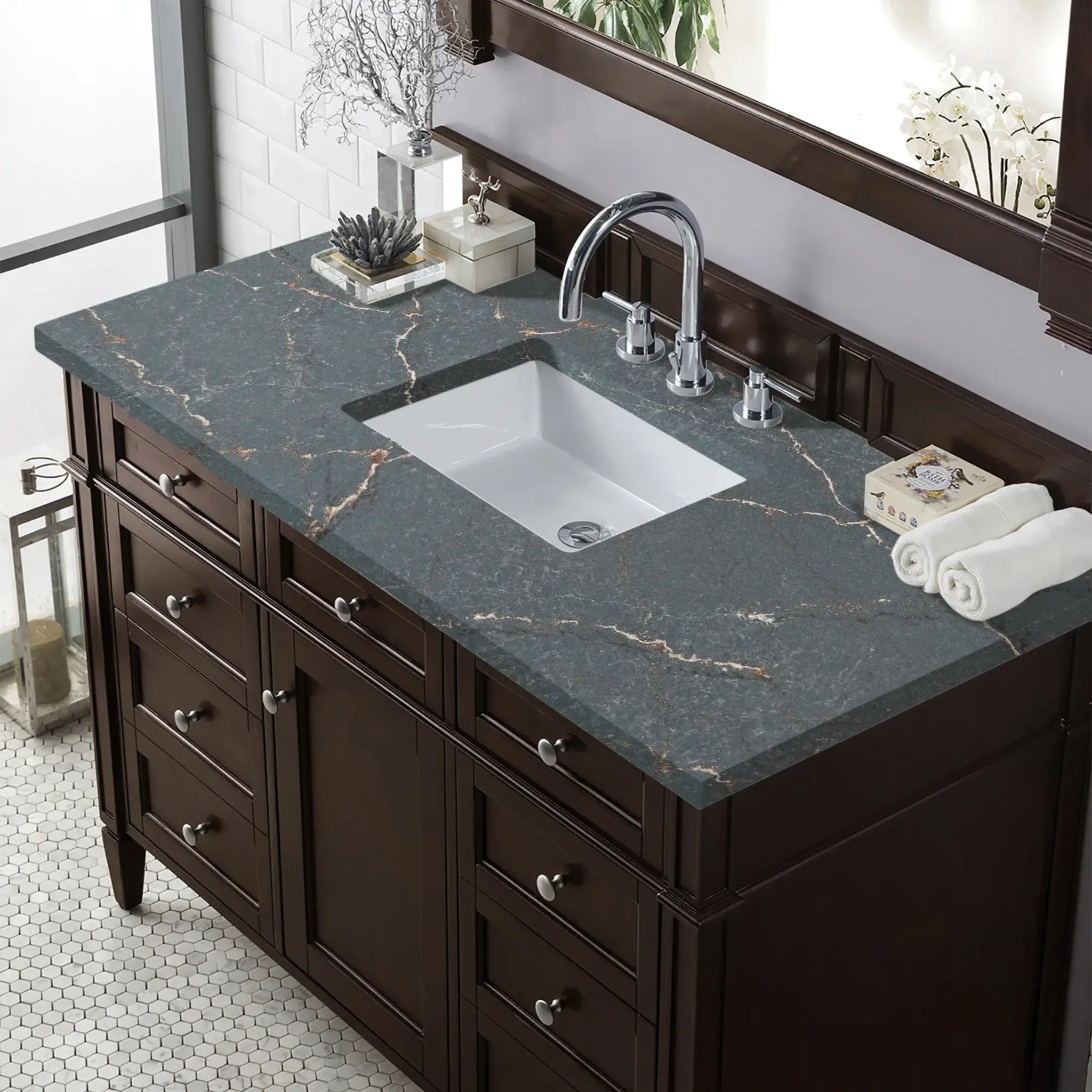 48" Brittany Single Vanity in Burnished Mahogany Wireless Charger-Parisien Bleu Silestone-8" Widespread image 6