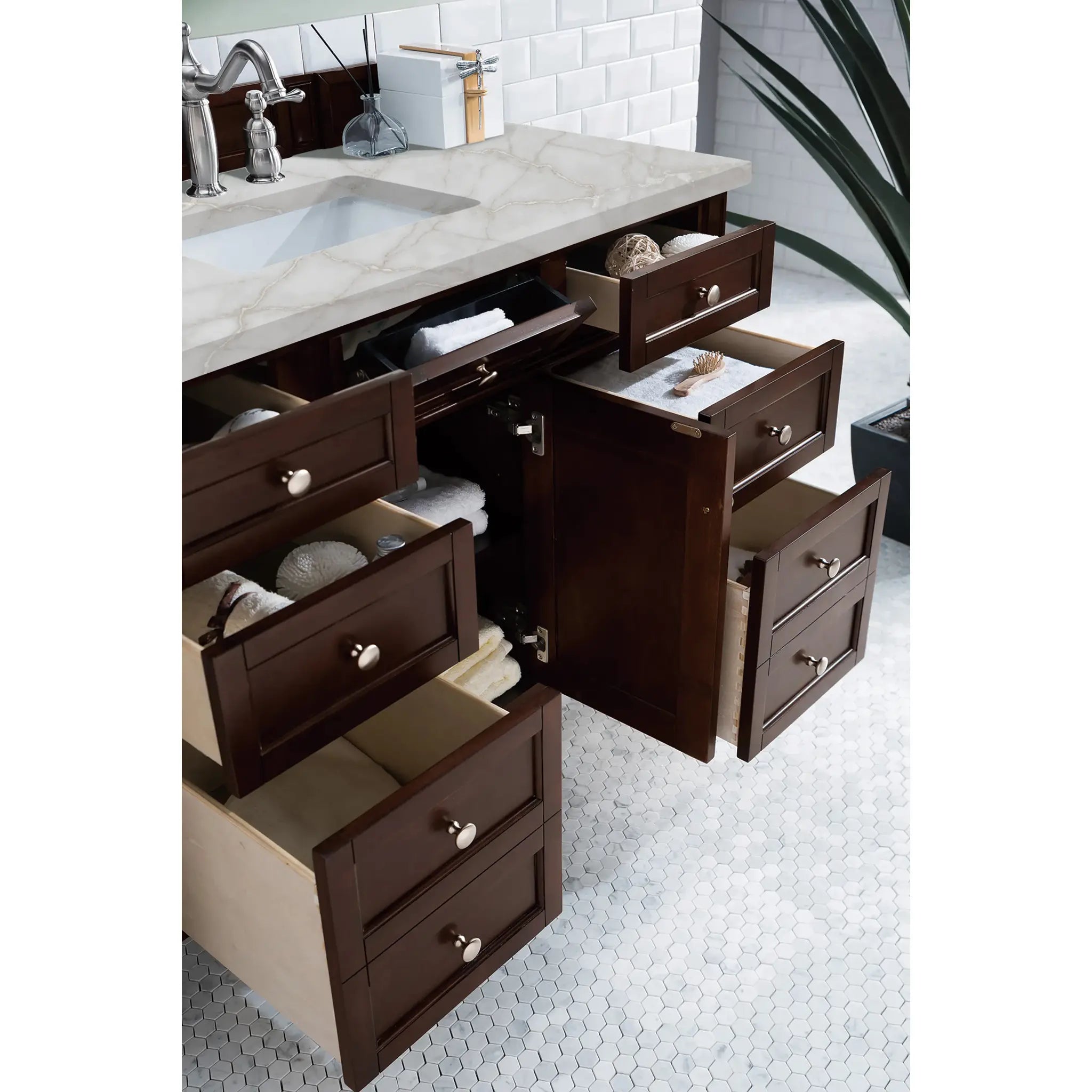 48" Brittany Single Vanity in Burnished Mahogany Wireless Charger-Victorian Silver Silestone-8" Widespread image 5