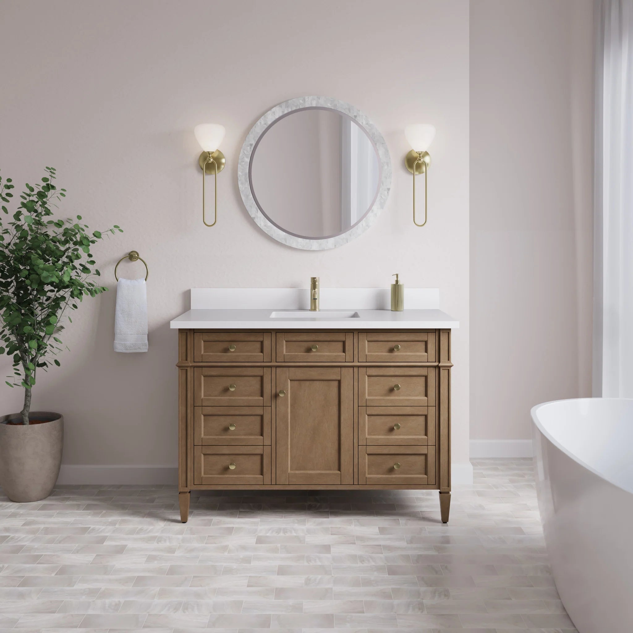 48" Brittany Single Vanity in Pecan by James Martin Vanities-White Zeus Silestone & Backsplash 1