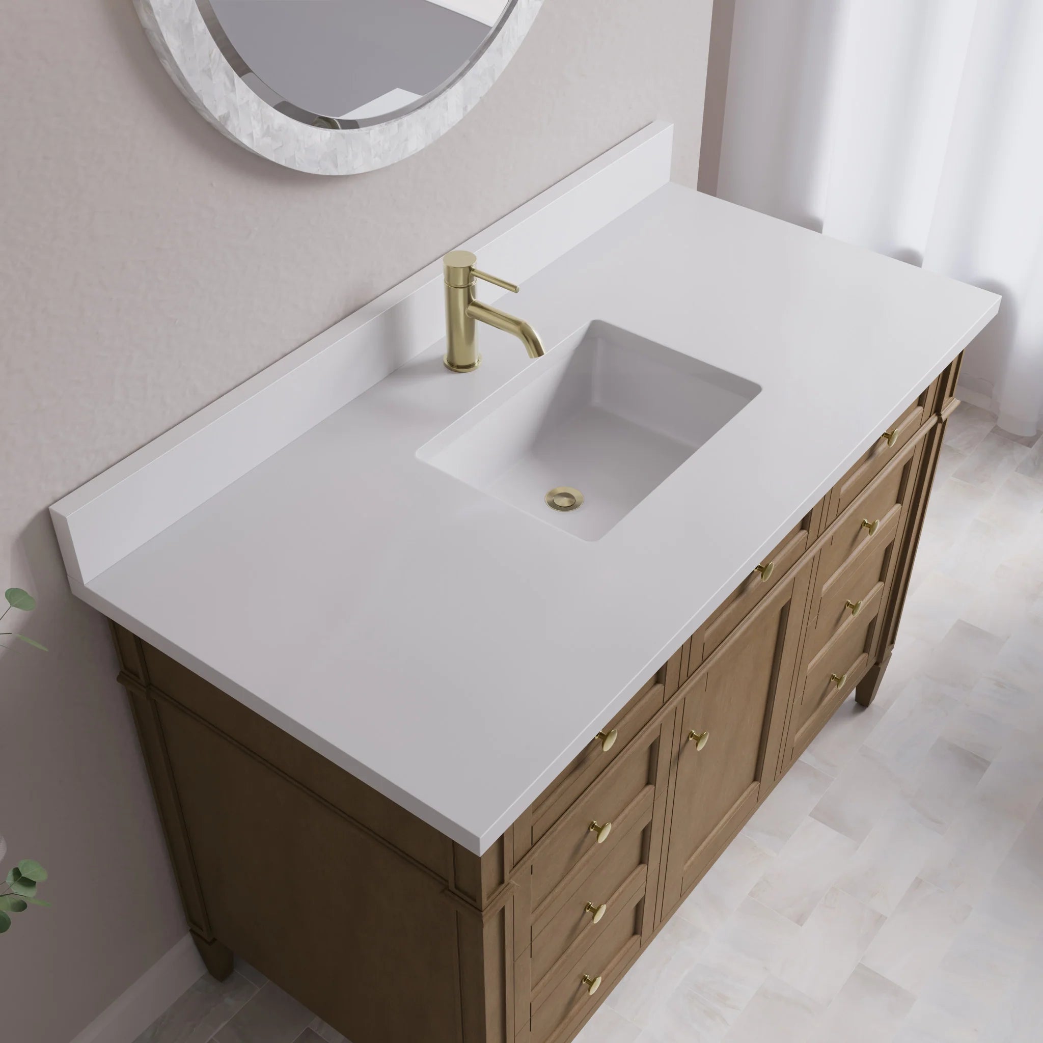 48" Brittany Single Vanity in Pecan by James Martin Vanities-White Zeus Silestone & Backsplash 5