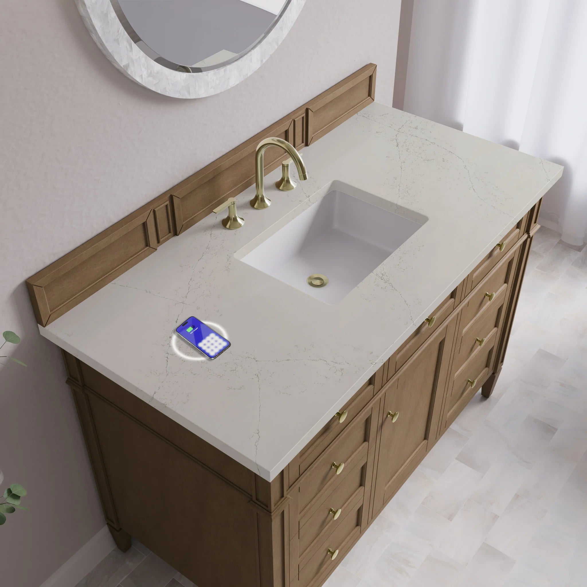 48" Brittany Single Vanity in Pecan w/FreePower Wireless Charger by James Martin Vanities-Siberian Silestone 6