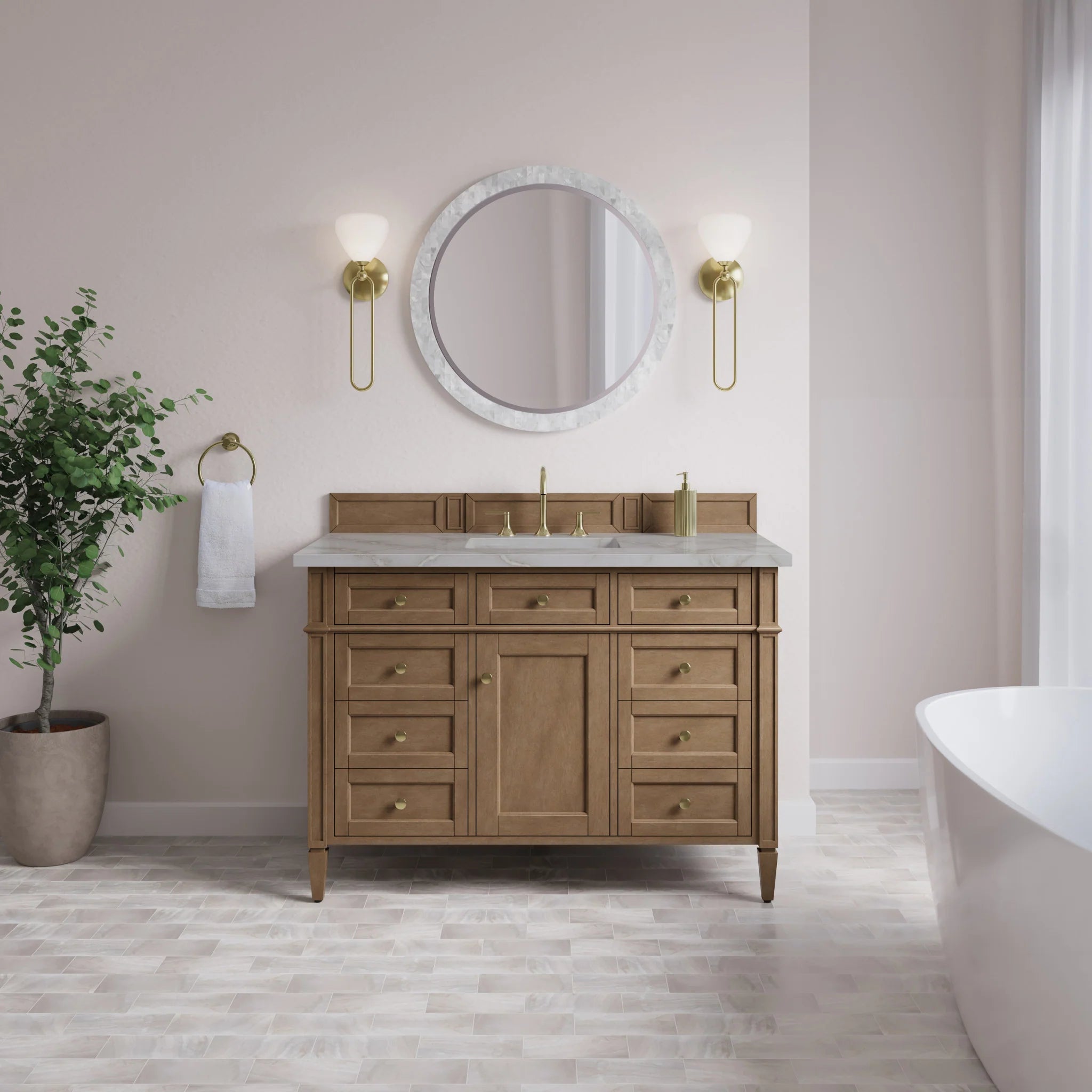 48" Brittany Single Vanity in Pecan w/FreePower Wireless Charger by James Martin Vanities-Victorian Silver Silestone 1