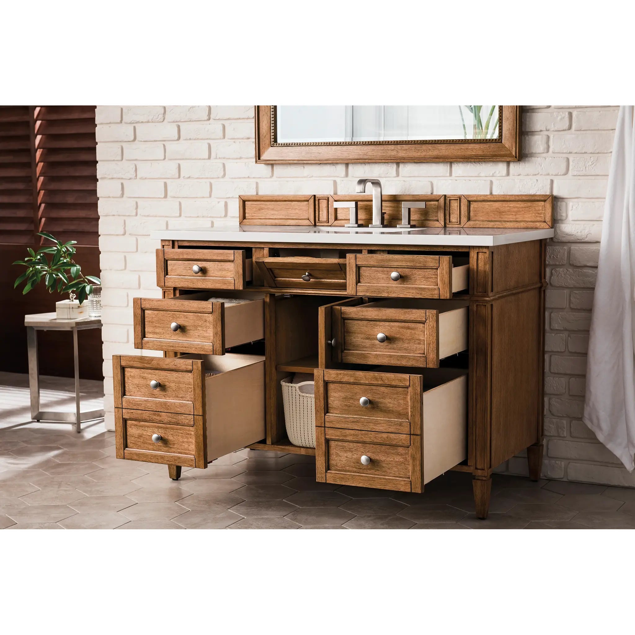 48" Brittany Single Vanity in Saddle Brown-White Zeus Silestone-8" Widespread image 3