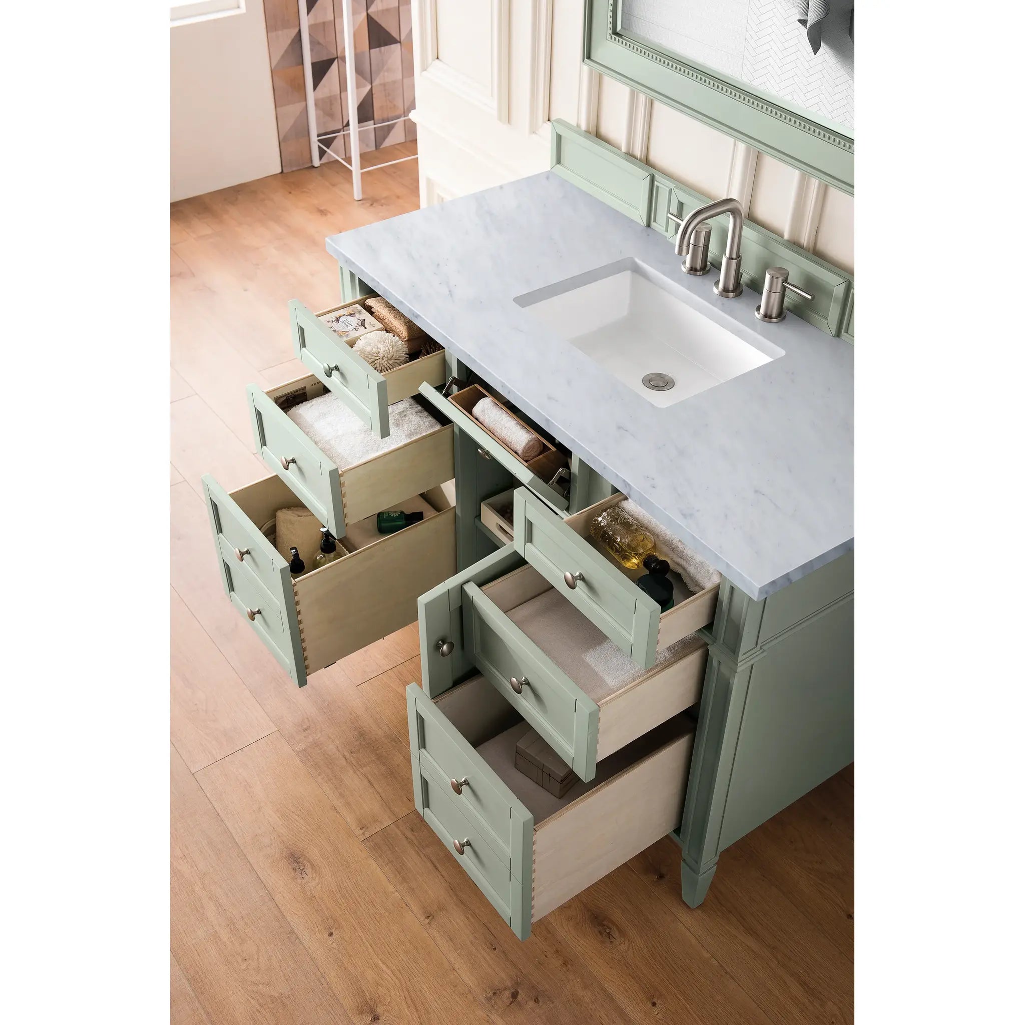 48" Brittany Single Vanity in Sage Green-Carrara White Marble-8" Widespread image 3