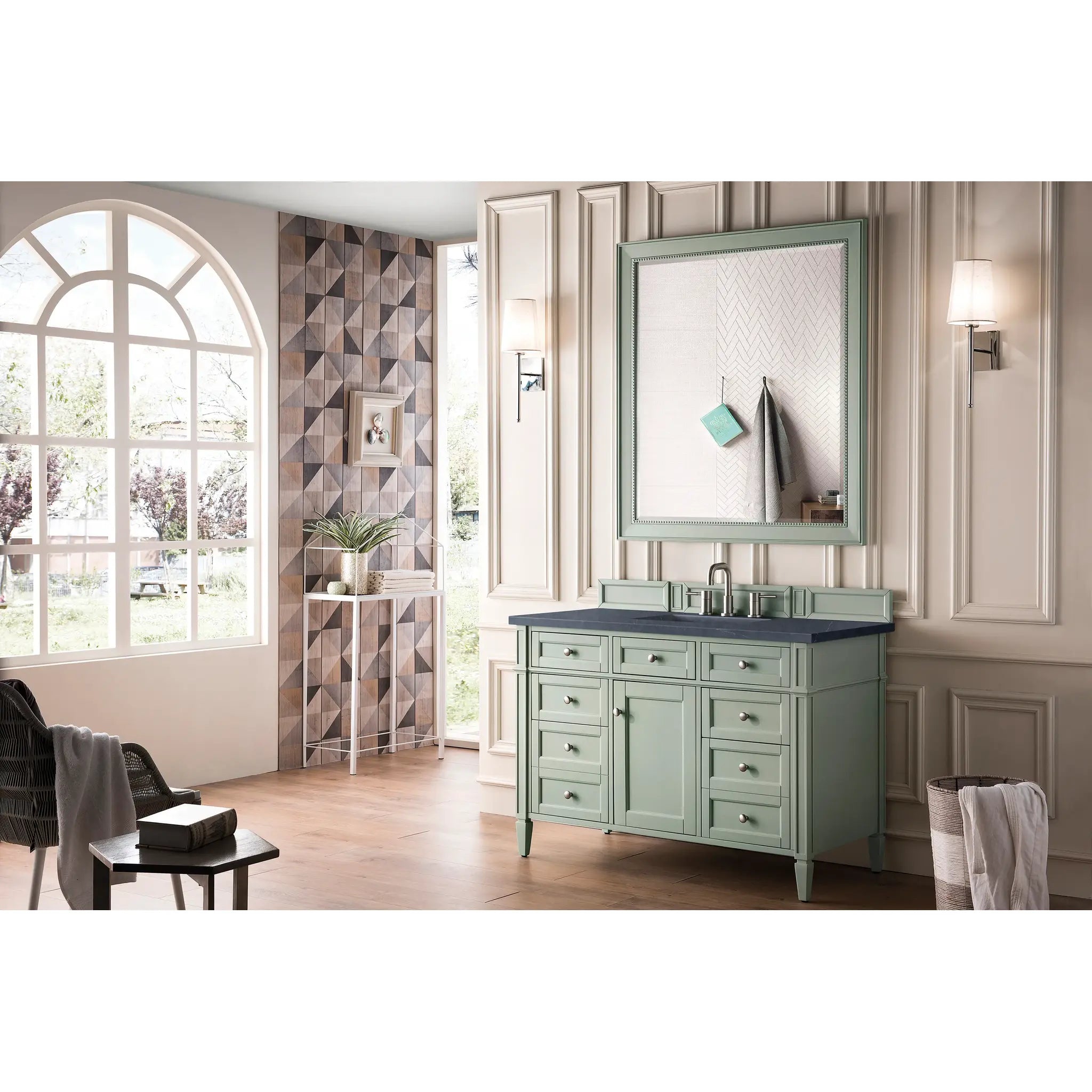 48" Brittany Single Vanity in Sage Green-Charcoal Soapstone Silestone-8" Widespread image 2
