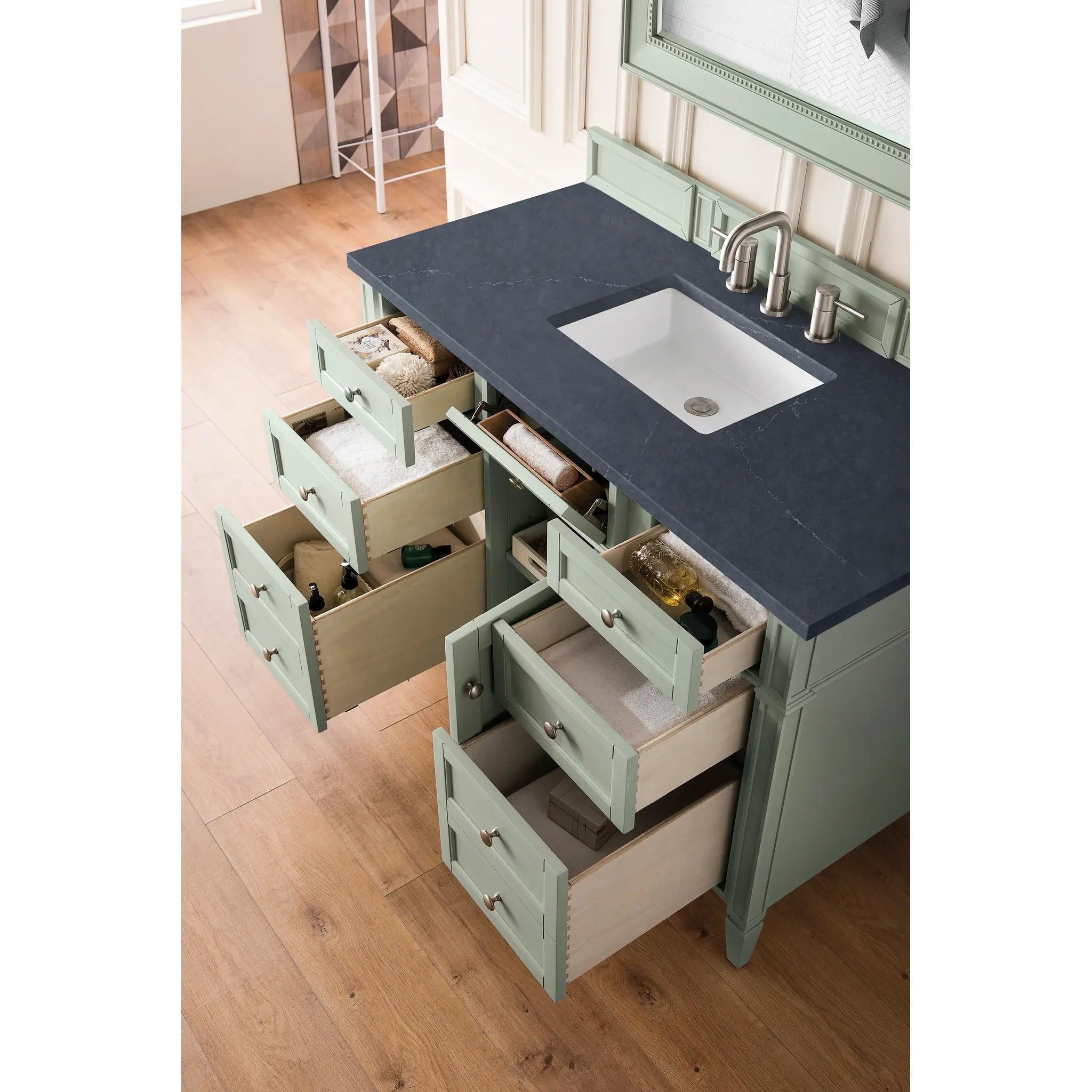 48" Brittany Single Vanity in Sage Green-Charcoal Soapstone Silestone-8" Widespread image 3