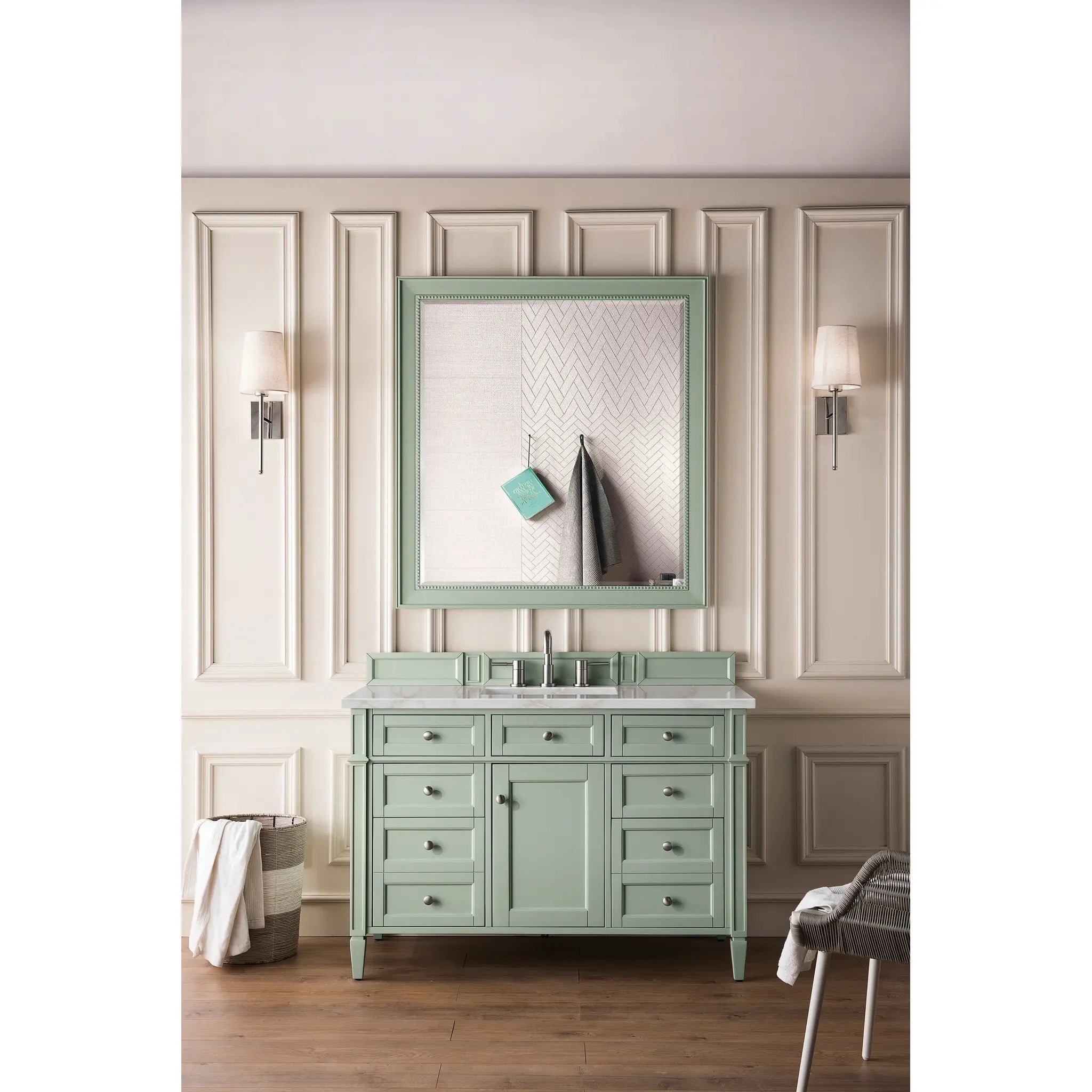 48" Brittany Single Vanity in Sage Green w/FreePower Wireless Charger-Victorian Silver Silestone-8" Widespread image 4