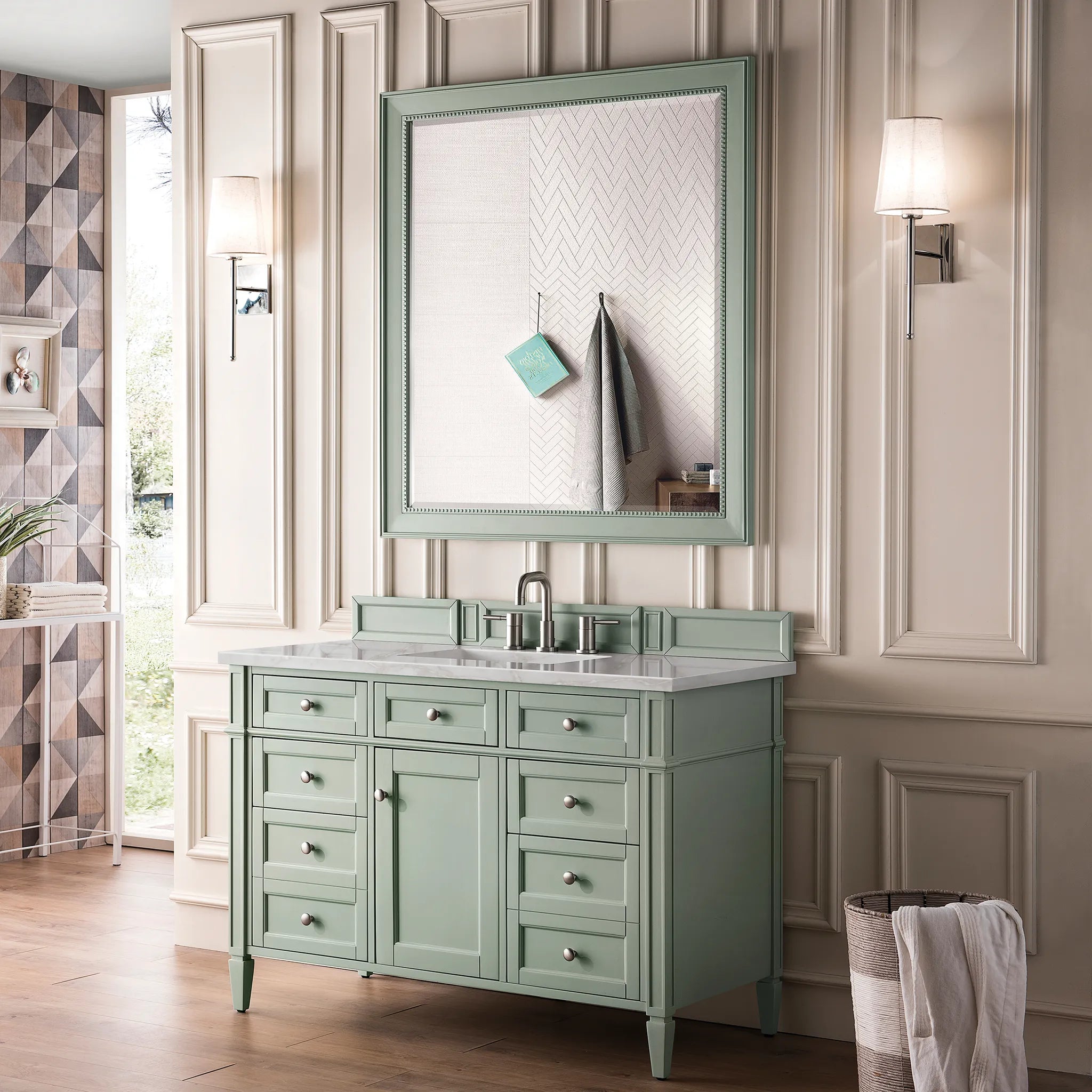 48" Brittany Single Vanity in Sage Green w/FreePower Wireless Charger-Victorian Silver Silestone-8" Widespread image 5