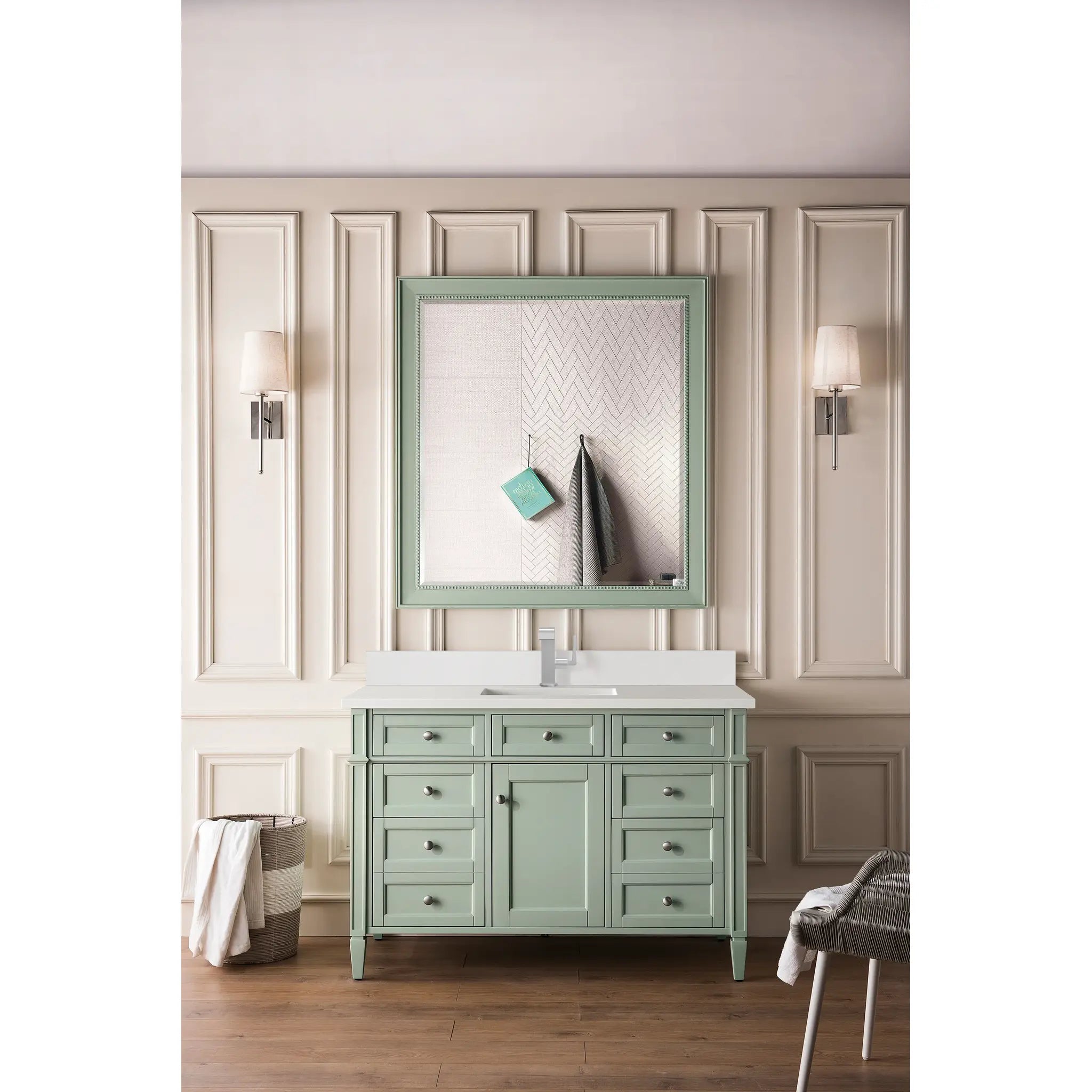 48" Brittany Single Vanity in Sage Green-White Zeus Silestone & Backsplash-Single Hole image 1