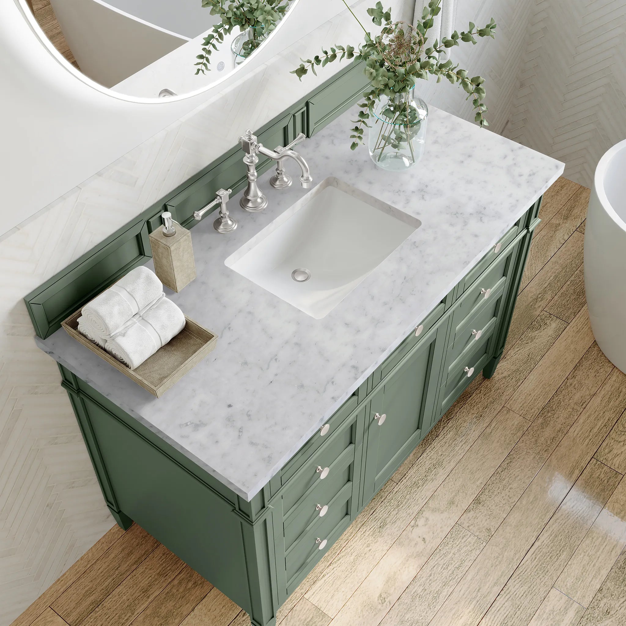 48" Brittany Single Vanity in Smokey Celadon-Carrara White Marble-8" Widespread image 4
