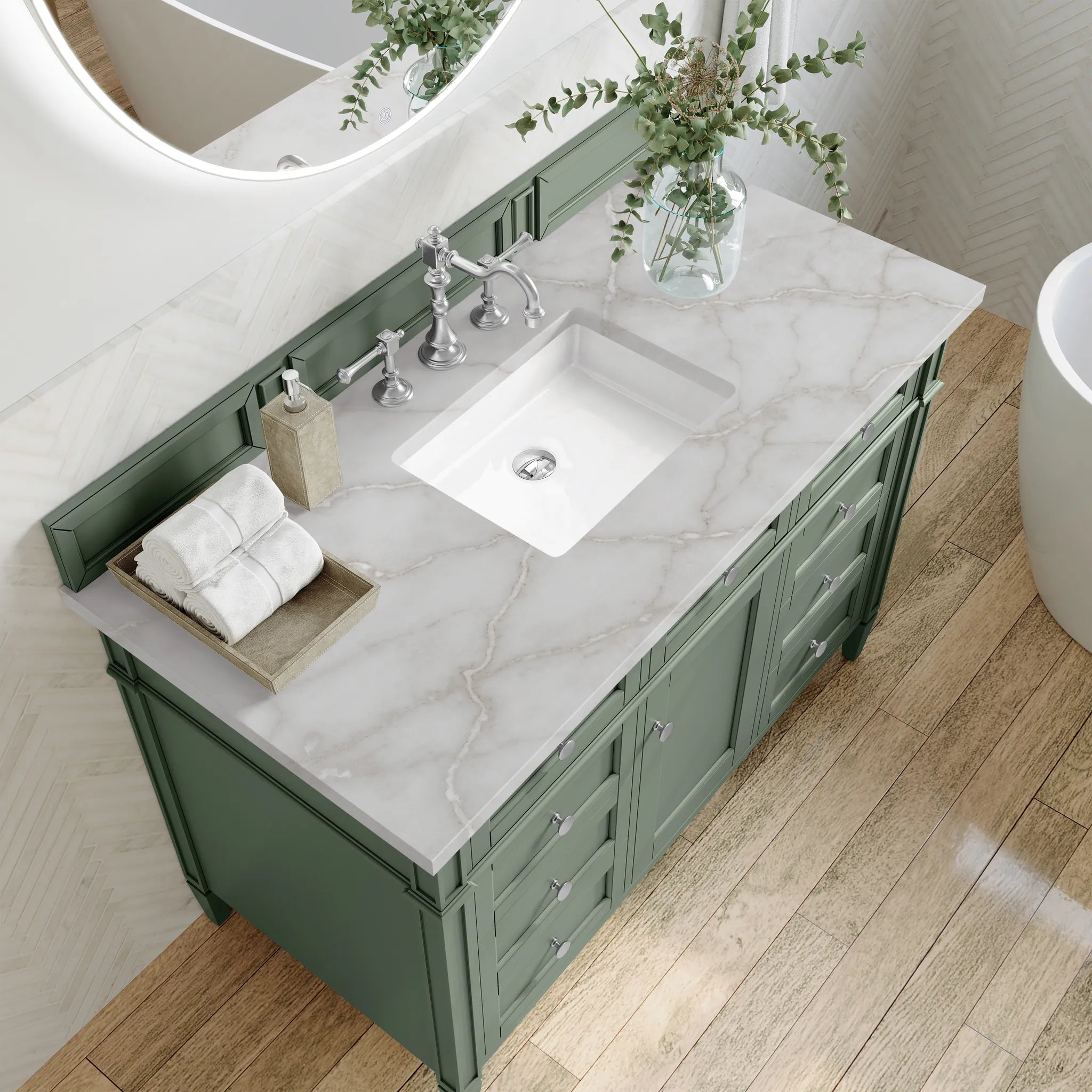 48" Brittany Single Vanity in Smokey Celadon w/FreePower Wireless Charger-Victorian Silver Silestone-8" Widespread image 6