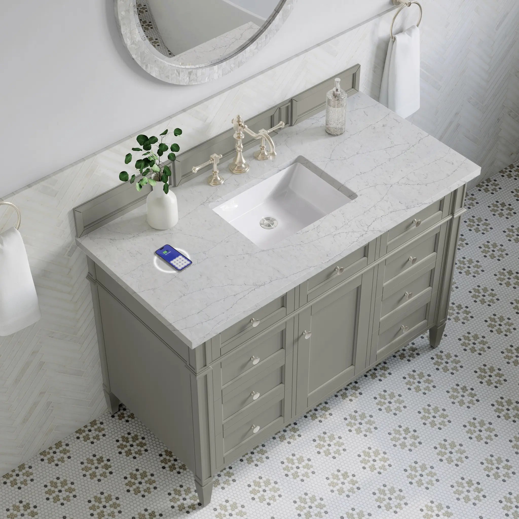 48 Brittany Single Vanity In Urban Gray Power Enabled Eternal Jasmine Pearl Silestone 8 Widespread 10