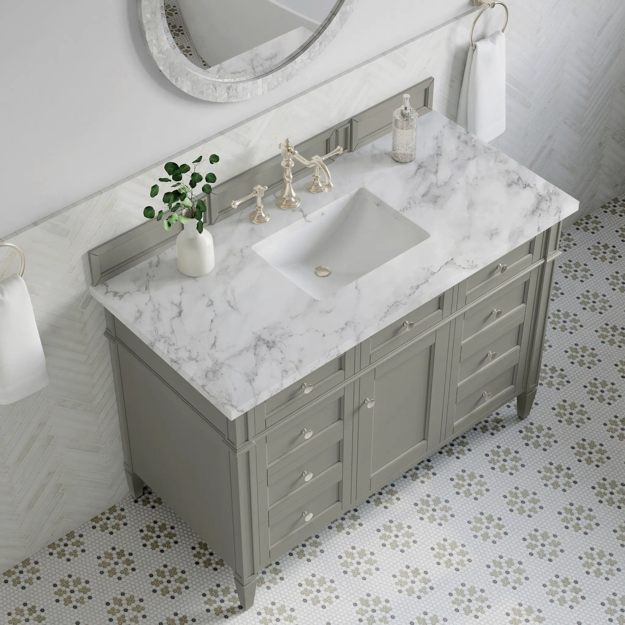 48 Brittany Single Vanity In Urban Gray Standard Carrara White Marble 8 Widespread 8