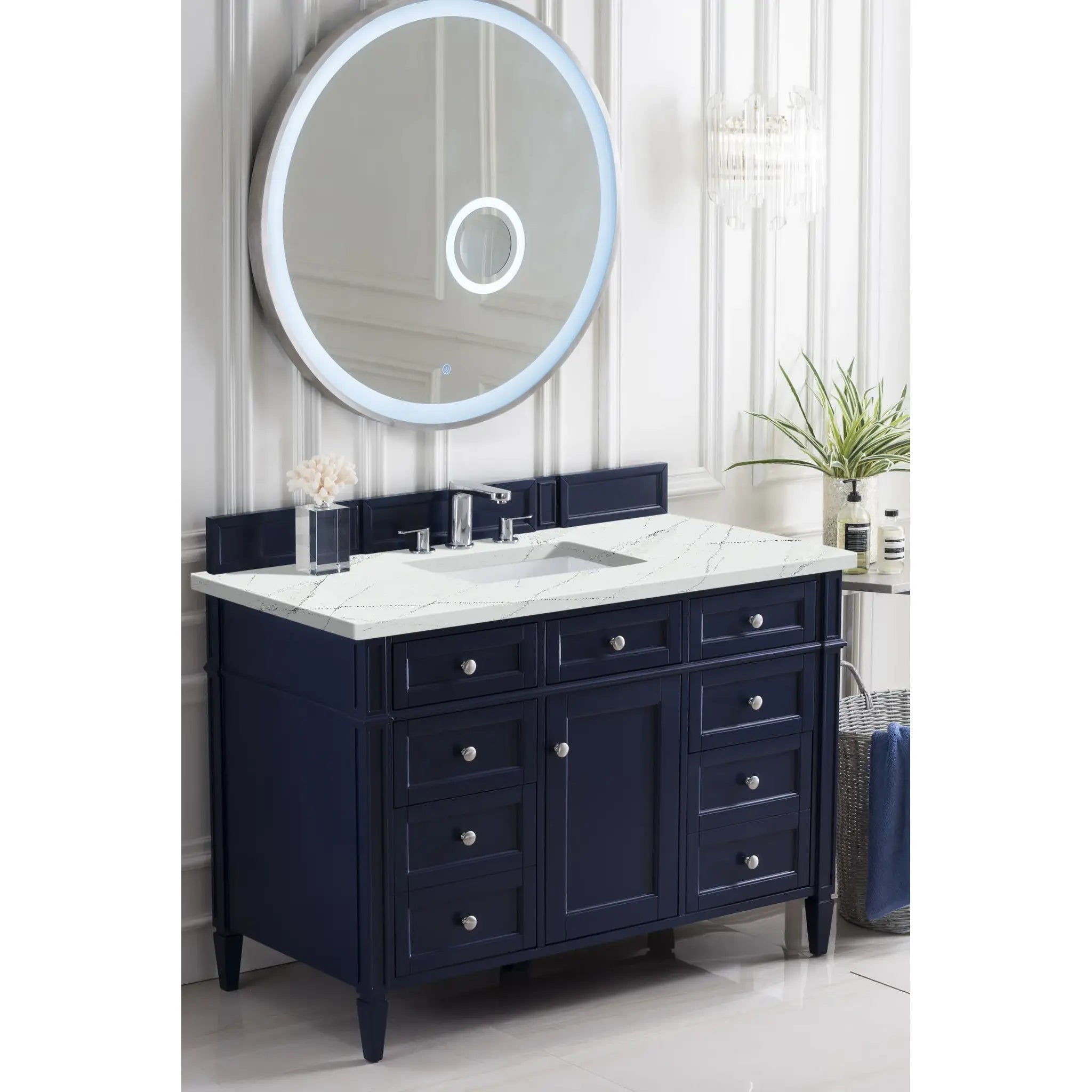 48" Brittany Single Vanity in Victory Blue w/FreePower Wireless Charger-Ethereal Noctis Silestone-8" Widespread image 5