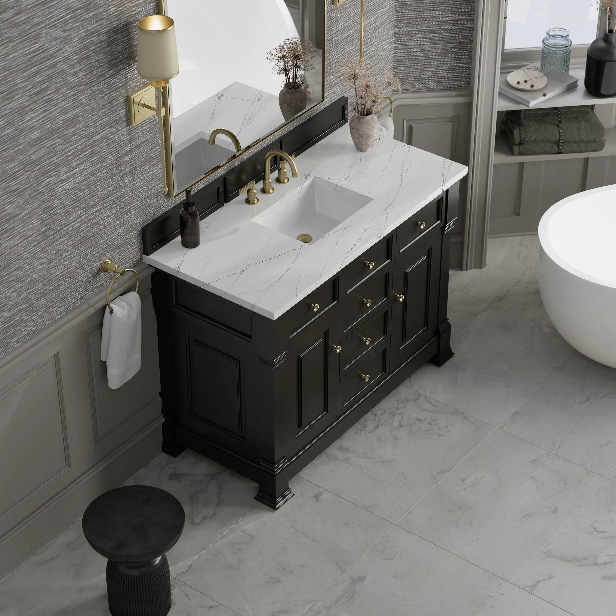 48" Brookfield Single Vanity in Black Onyx w/FreePower Wireless Charger-Ethereal Noctis Silestone-8" Widespread image 8