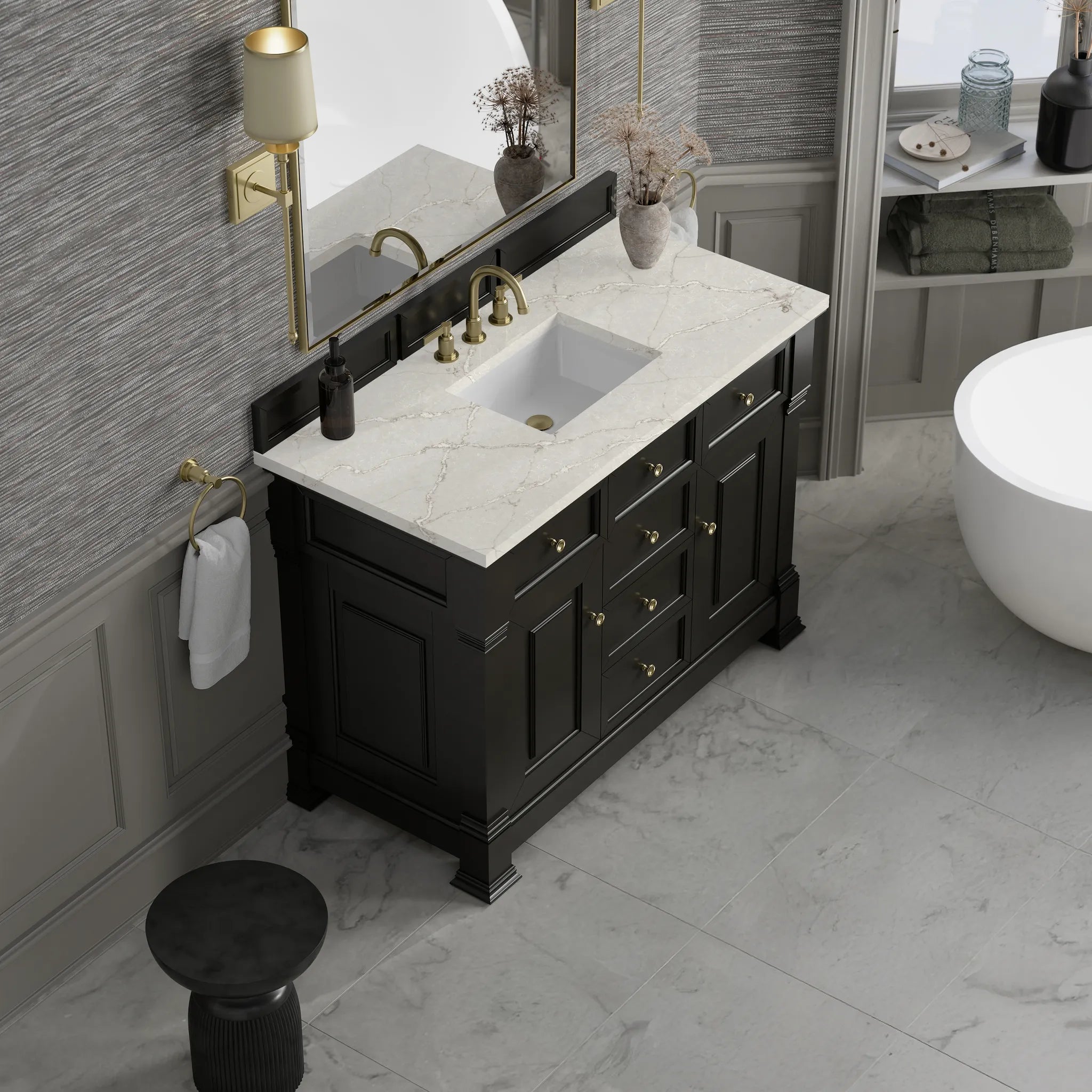 48" Brookfield Single Vanity in Black Onyx w/FreePower Wireless Charger-Victorian Silver Silestone-8" Widespread image 8