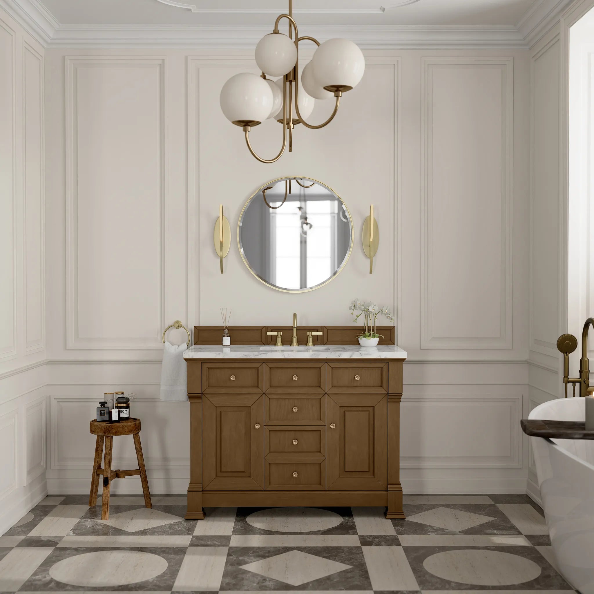 48" Brookfield Single Vanity in Honey Oak-Carrara White Marble-8" Widespread image 2