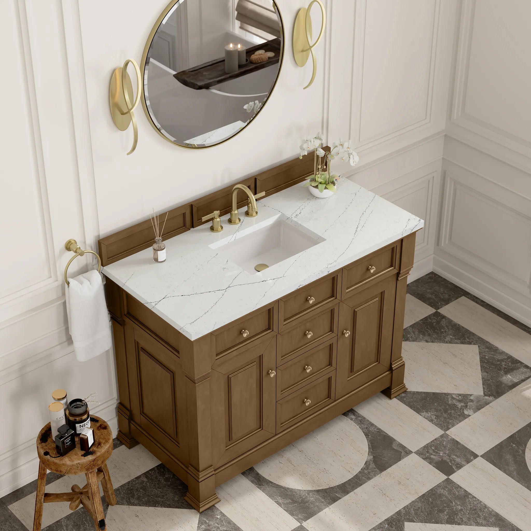 48" Brookfield Single Vanity in Honey Oak w/FreePower Wireless Charger-Ethereal Noctis Silestone-8" Widespread image 8