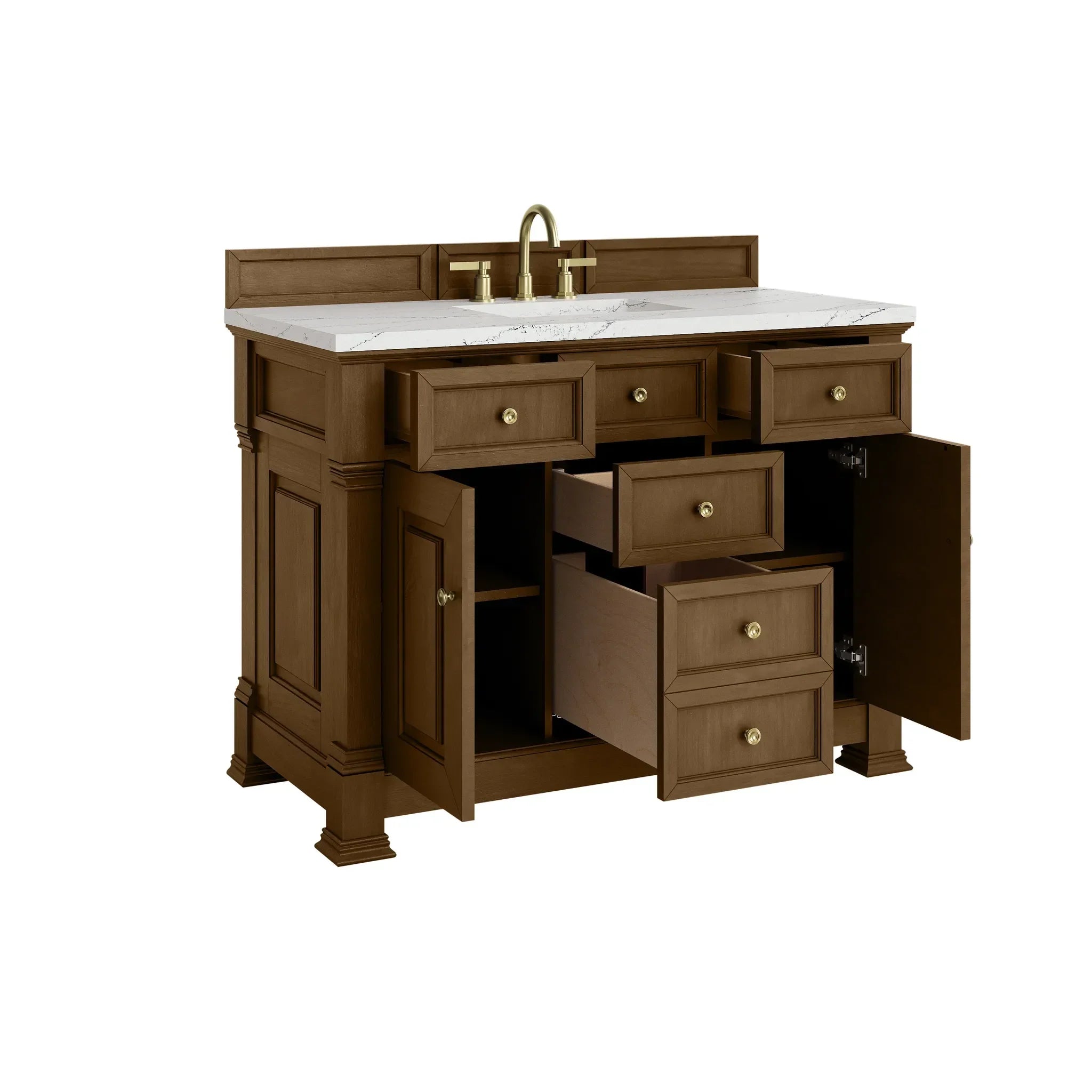 48" Brookfield Single Vanity in Honey Oak w/FreePower Wireless Charger-Ethereal Noctis Silestone-8" Widespread image 9
