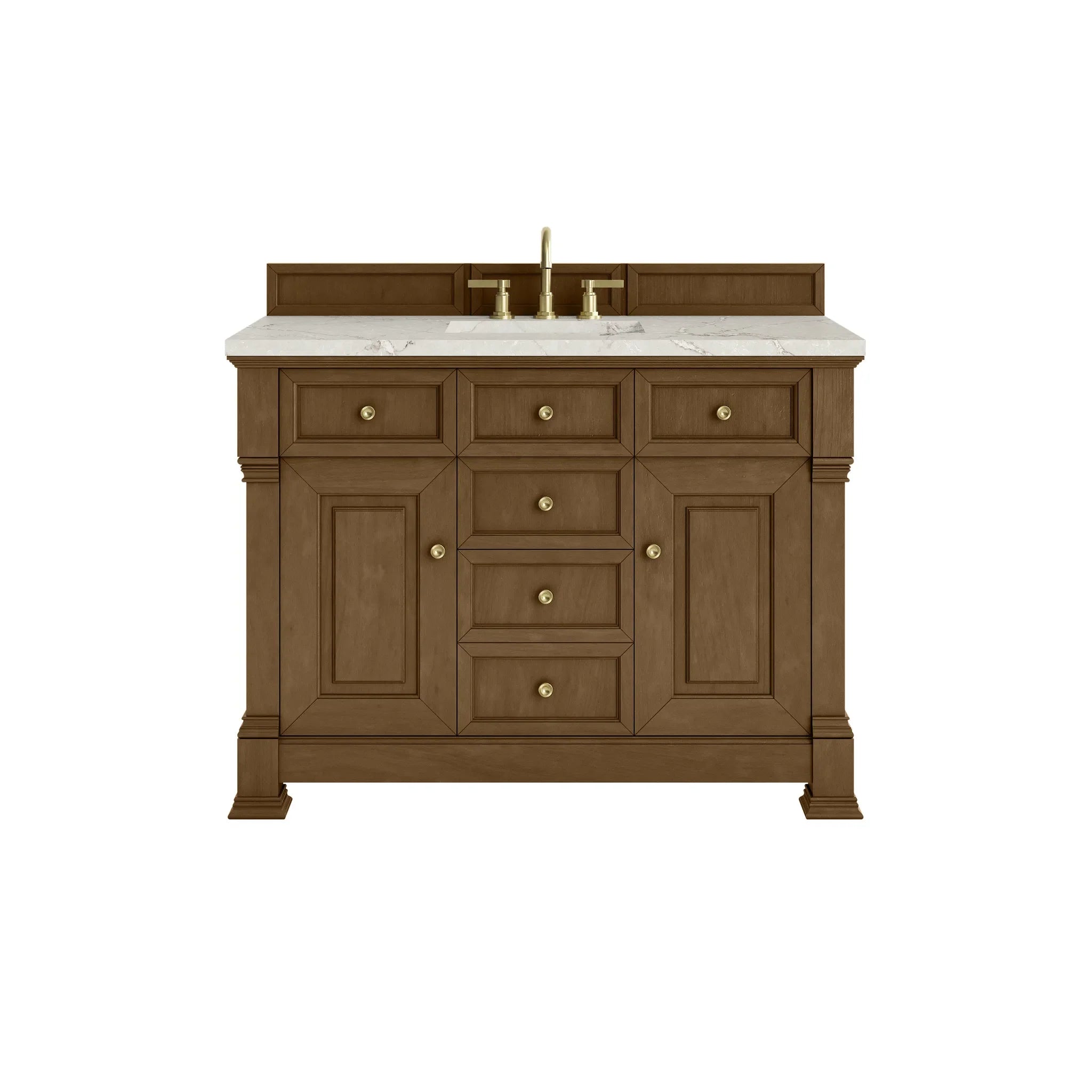 48" Brookfield Single Vanity in Honey Oak w/FreePower Wireless Charger-Victorian Silver Silestone-8" Widespread image