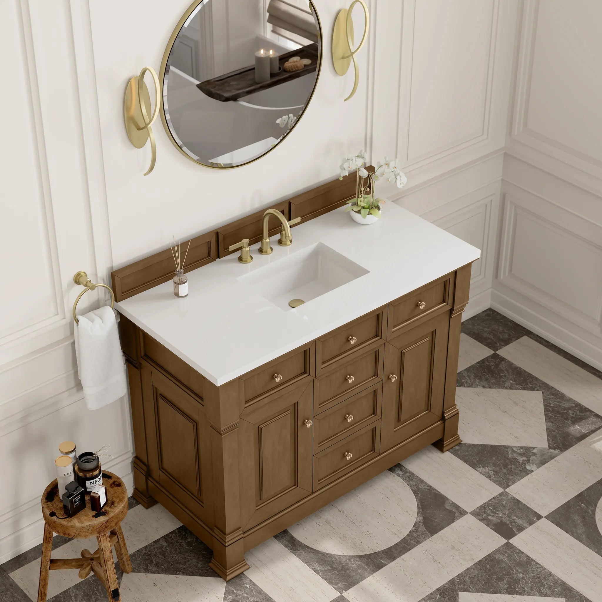 48" Brookfield Single Vanity in Honey Oak-White Zeus Silestone-8" Widespread image 6