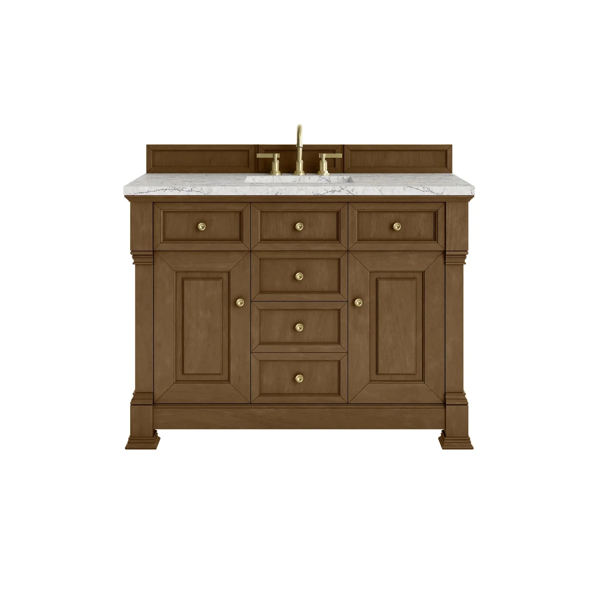 48" Brookfield Single Vanity in Honey Oak Wireless Charger-Eternal Jasmine Pearl Silestone-8" Widespread image