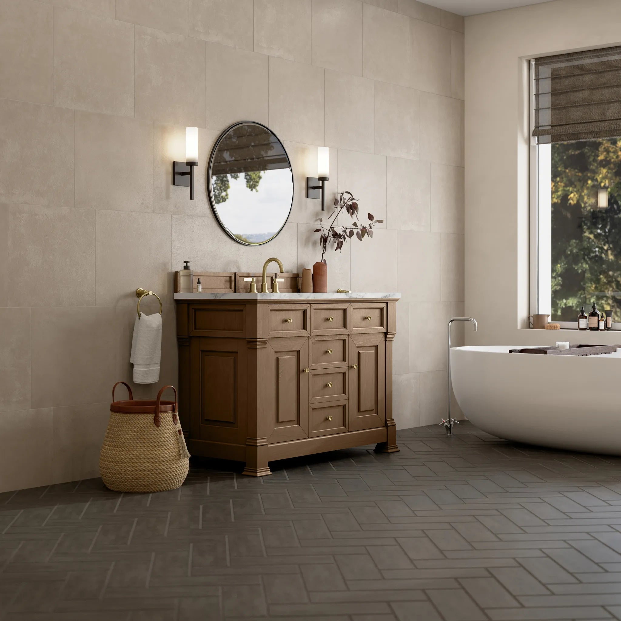 48" Brookfield Single Vanity in Pecan-Carrara White Marble-8" Widespread image 3