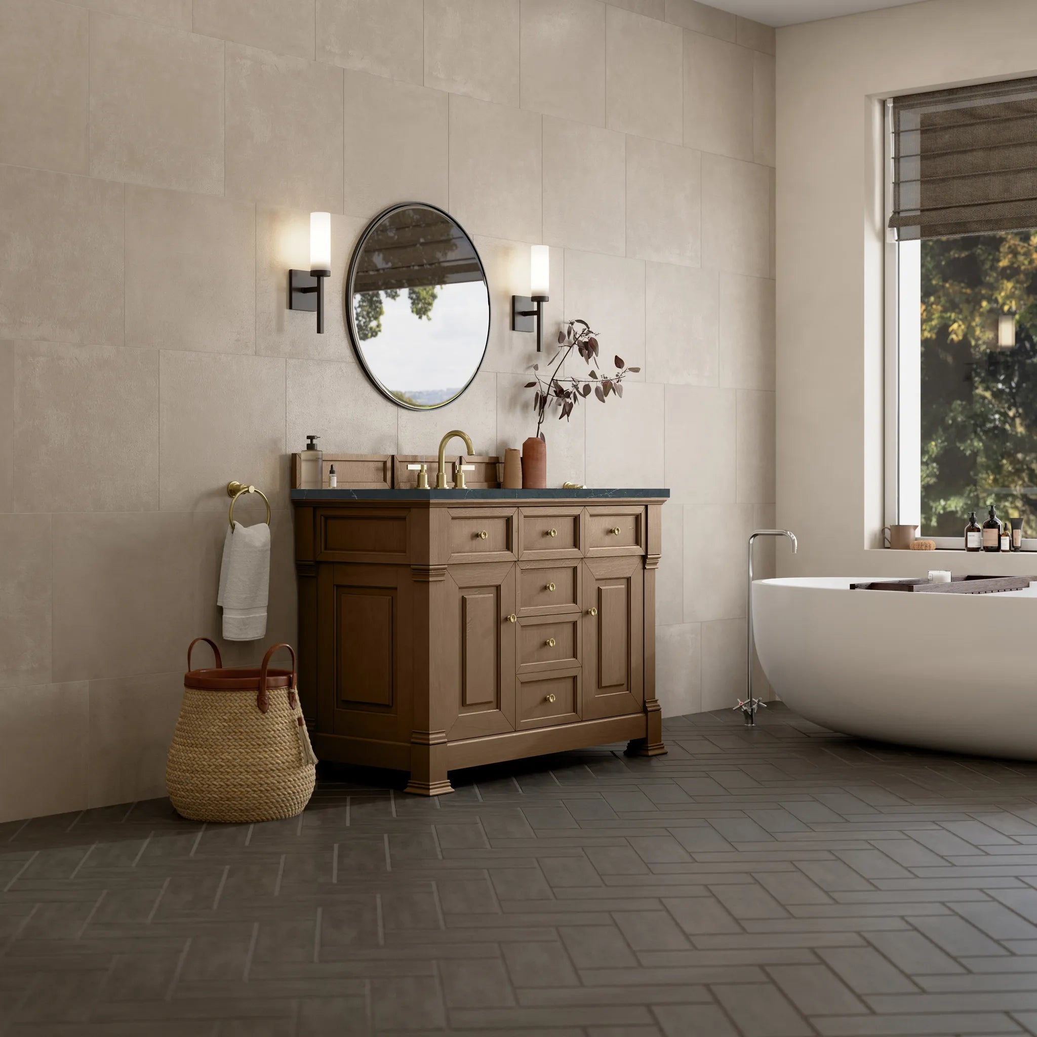 48" Brookfield Single Vanity in Pecan-Charcoal Soapstone Silestone-8" Widespread image 3