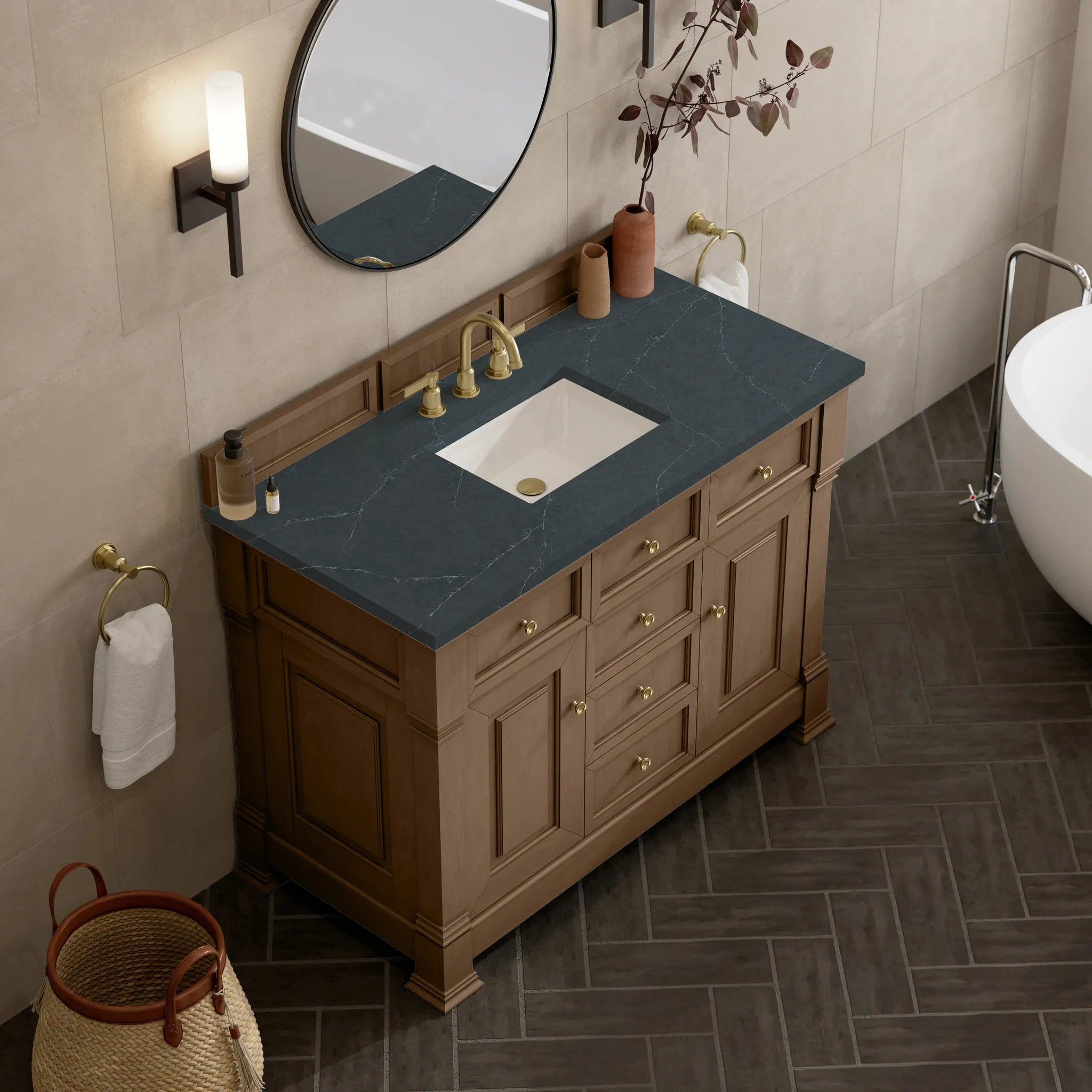 48" Brookfield Single Vanity in Pecan-Charcoal Soapstone Silestone-8" Widespread image 6