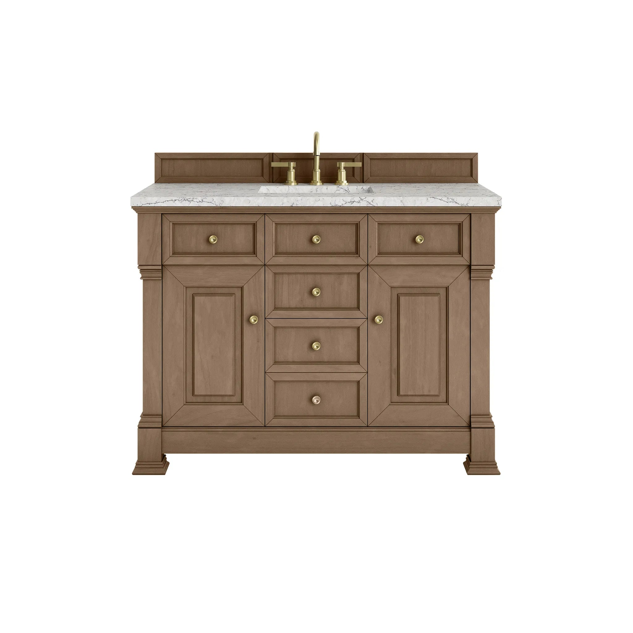 48" Brookfield Single Vanity in Pecan w/FreePower Wireless Charger-Eternal Jasmine Pearl Silestone-8" Widespread image