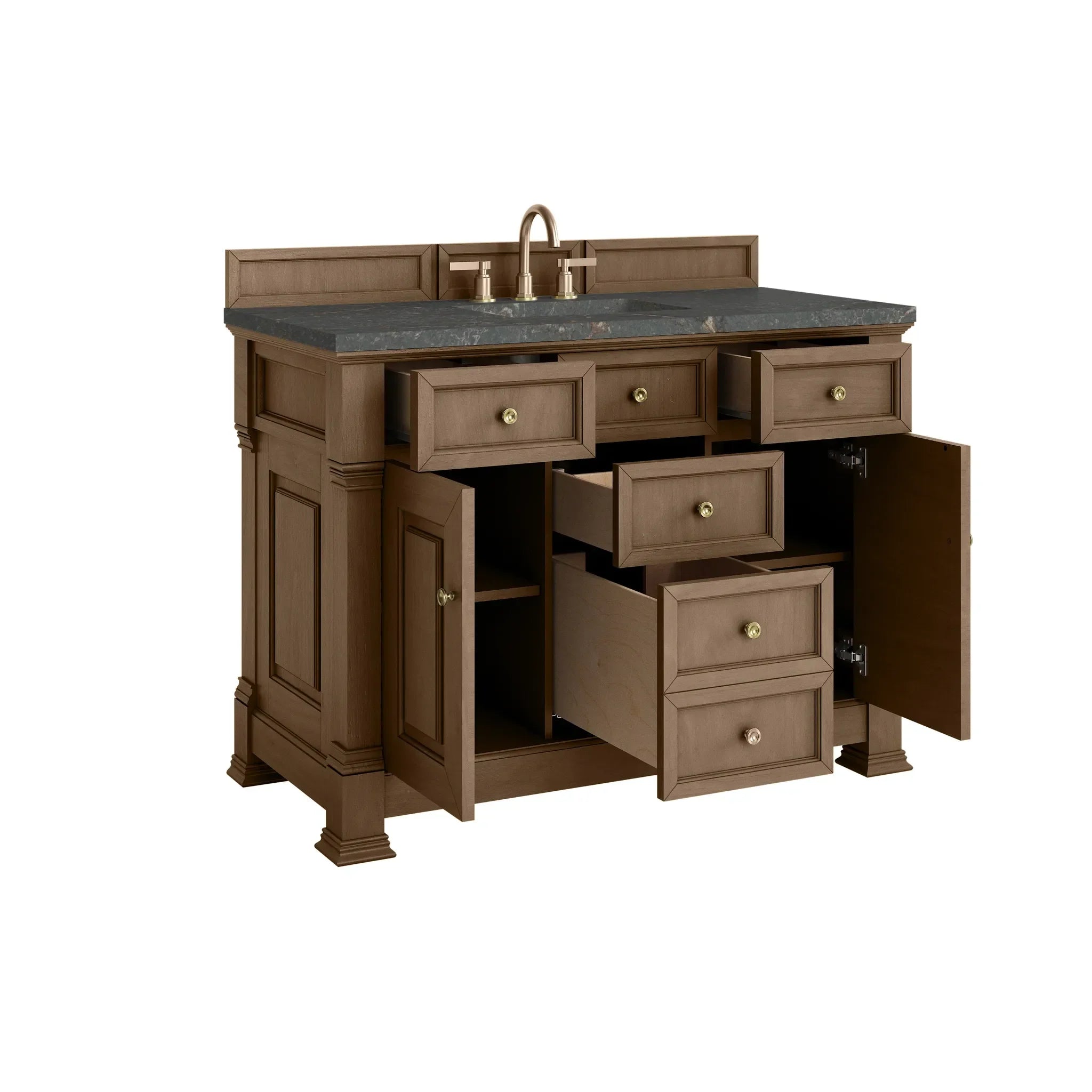 48" Brookfield Single Vanity in Pecan w/FreePower Wireless Charger-Parisien Bleu Silestone-8" Widespread image 9