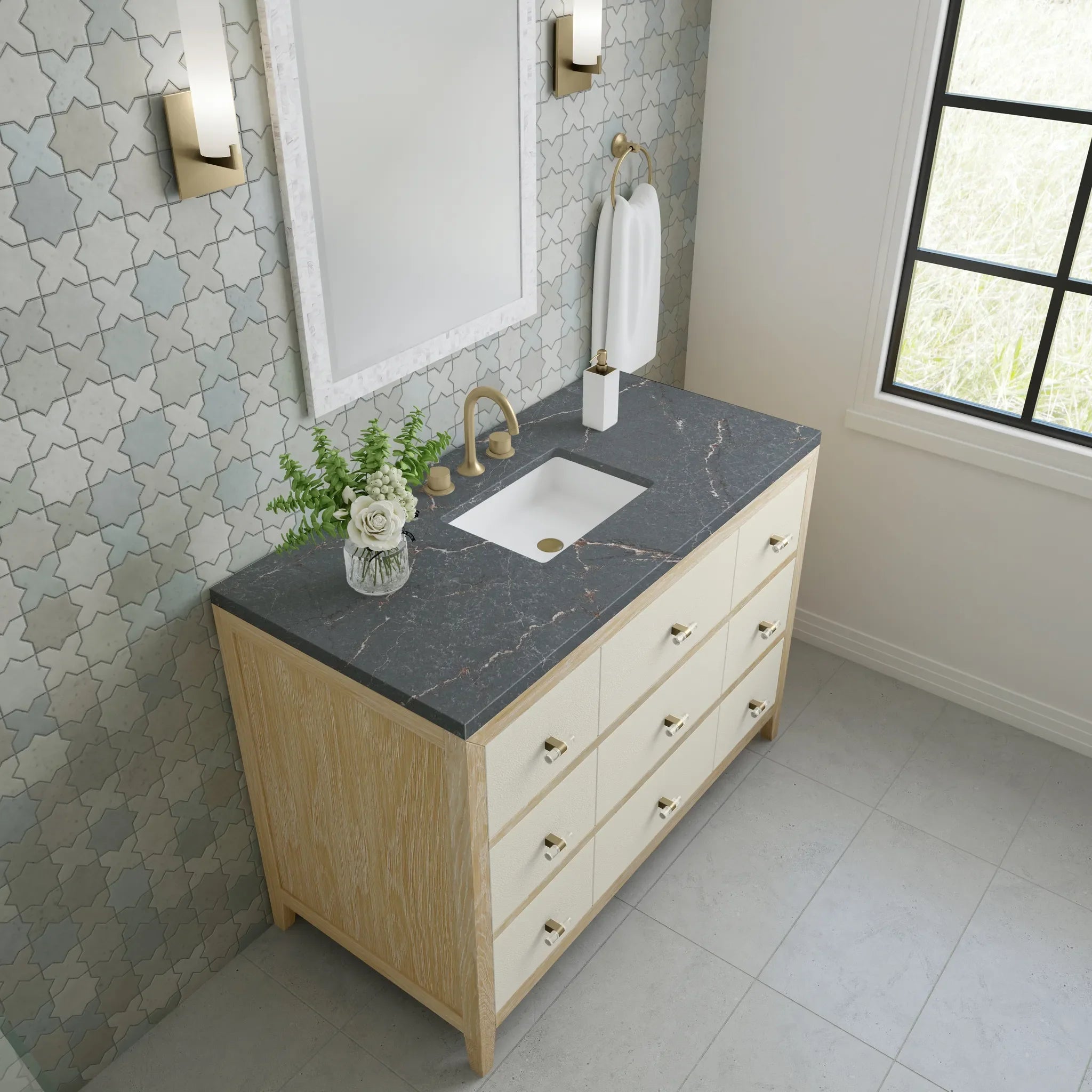48" Celeste Single Vanity in Sunwashed Oak with Embossed Shagreen-Parisien Bleu Silestone-8" Widespread image 6