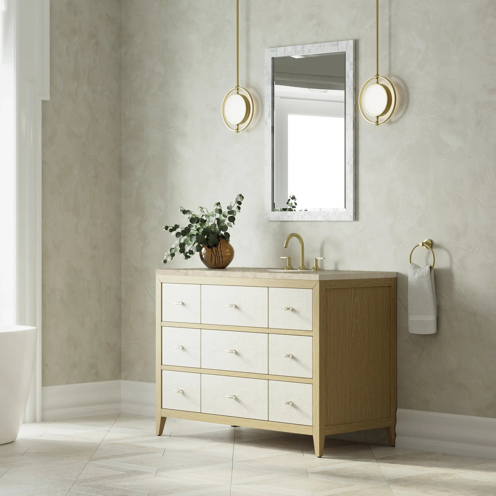 48 Celeste Single Vanity In Sunwashed Oak With Embossed Shagreen Power Enabled Tajnar Eclos 8 Widespread 6