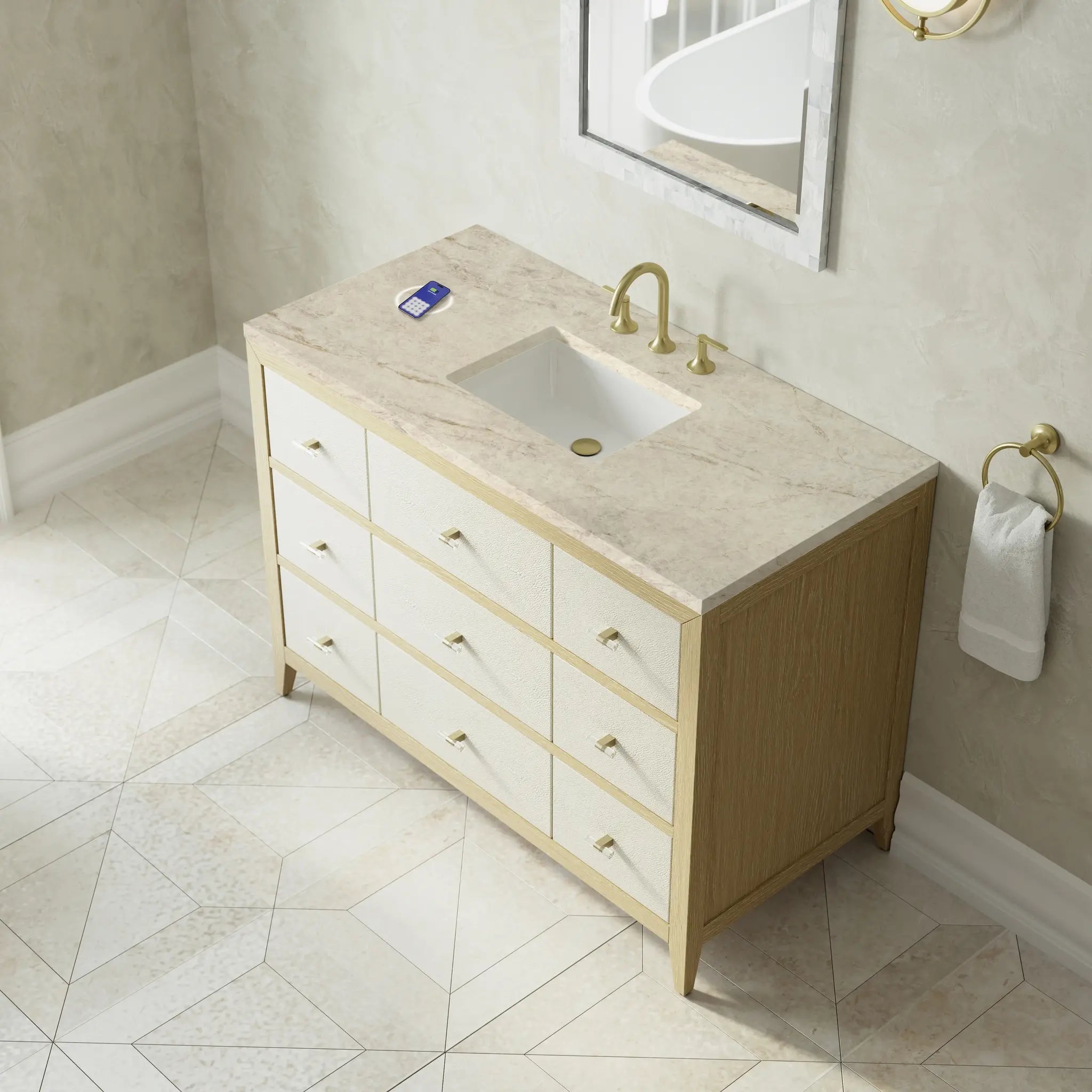 48 Celeste Single Vanity In Sunwashed Oak With Embossed Shagreen Power Enabled Tajnar Eclos 8 Widespread 9