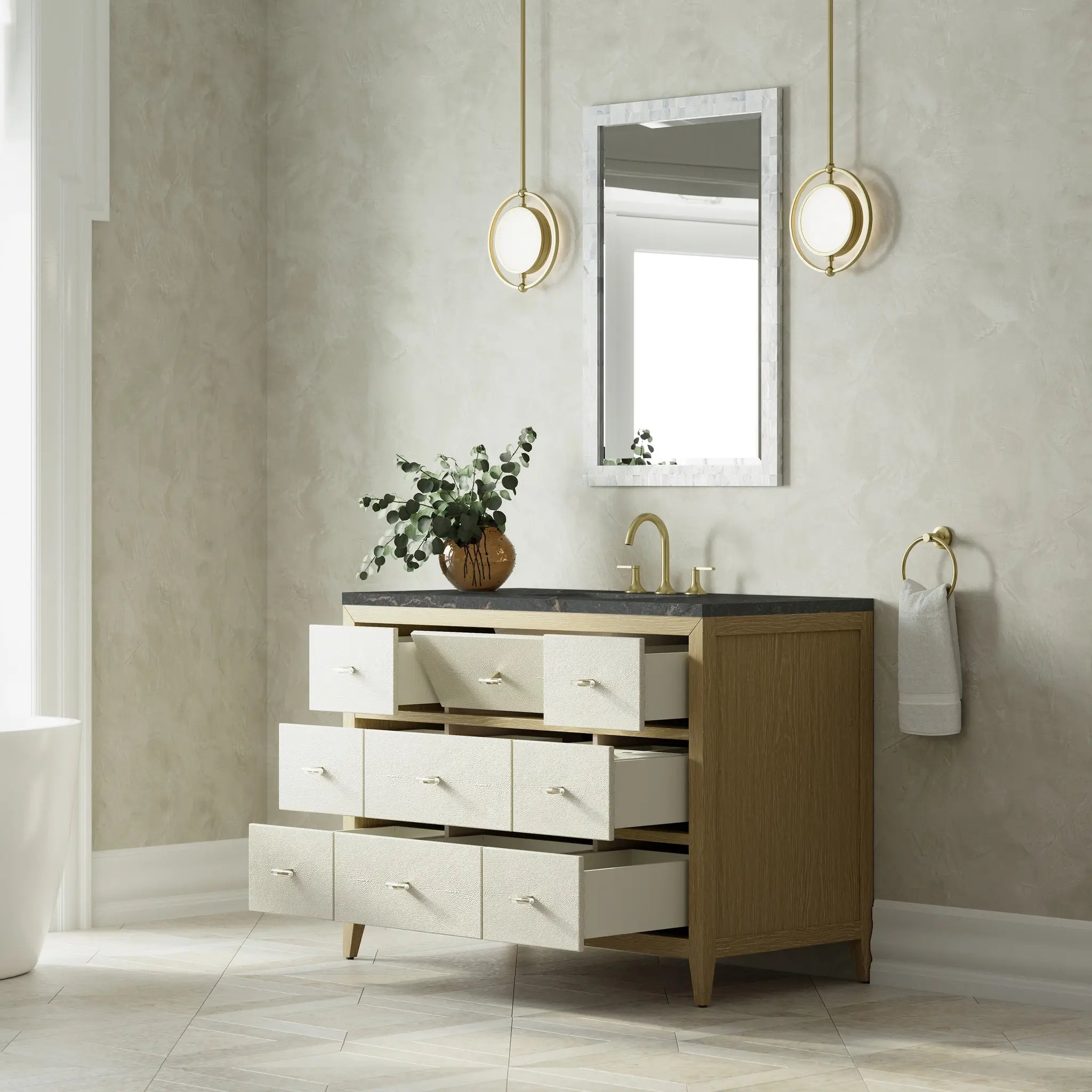 48 Celeste Single Vanity In Sunwashed Oak With Embossed Shagreen Standard Parisien Bleu Silestone 8 Widespread 5