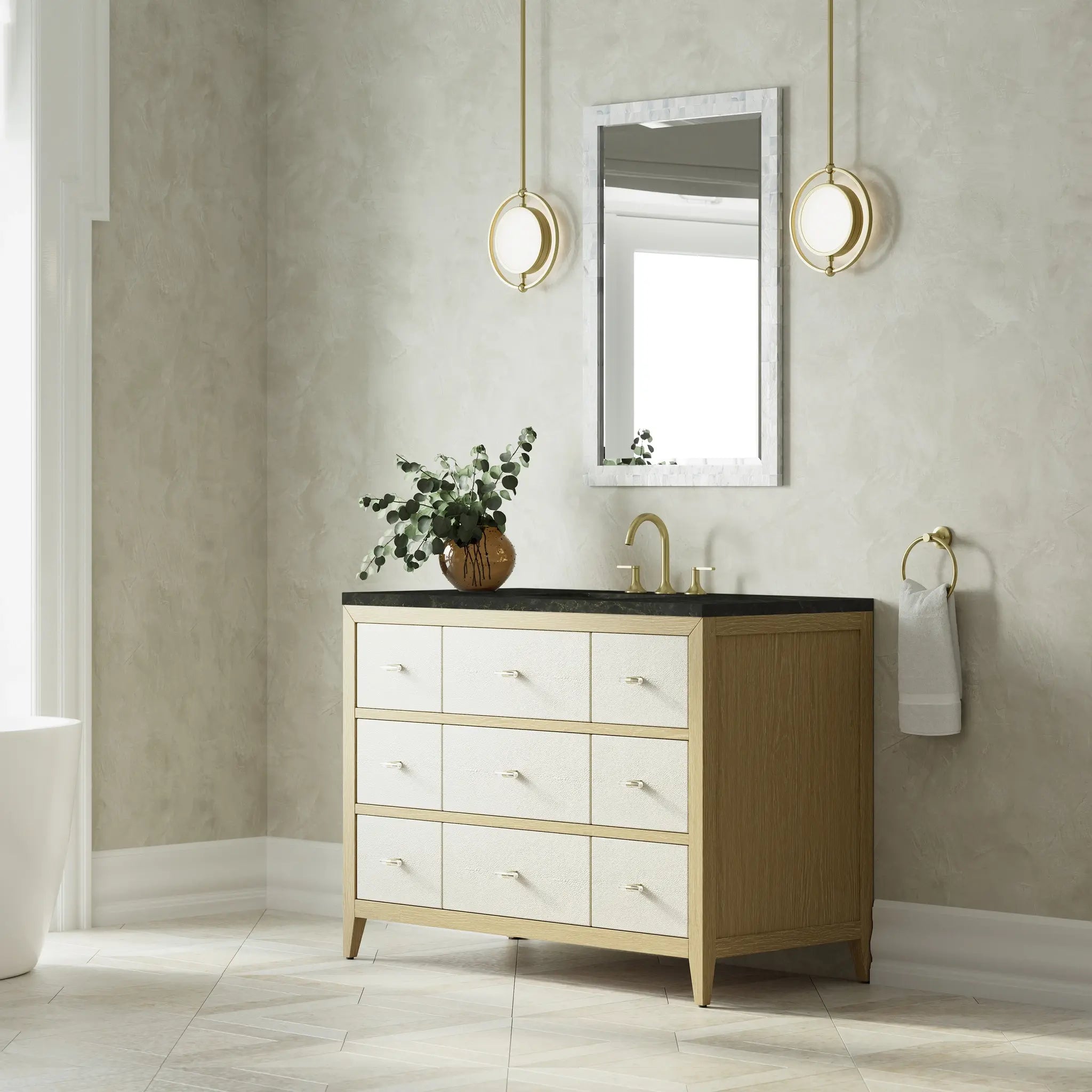 48 Celeste Single Vanity In Sunwashed Oak With Embossed Shagreen Standard Phantome Eclos 8 Widespread 4