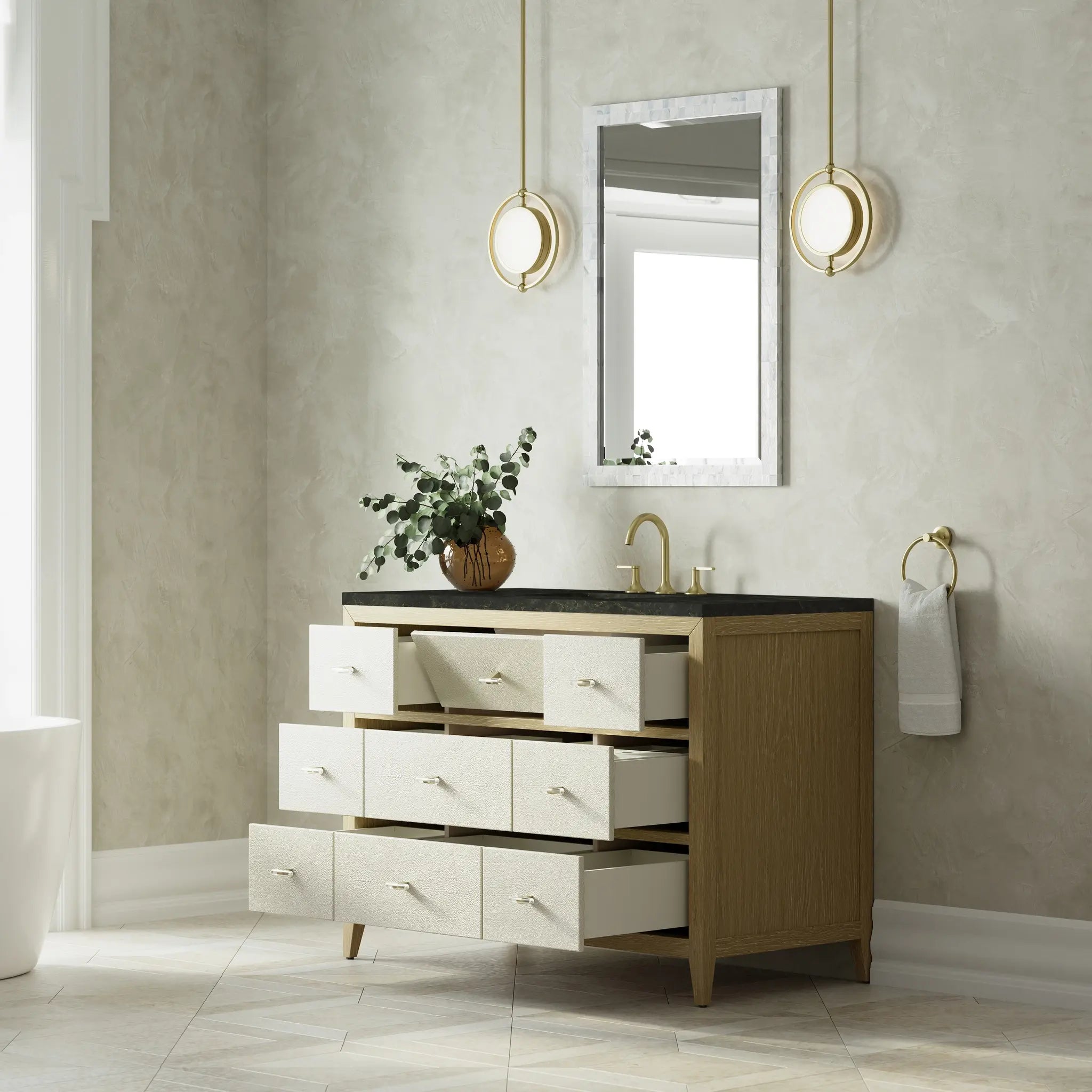 48 Celeste Single Vanity In Sunwashed Oak With Embossed Shagreen Standard Phantome Eclos 8 Widespread 5